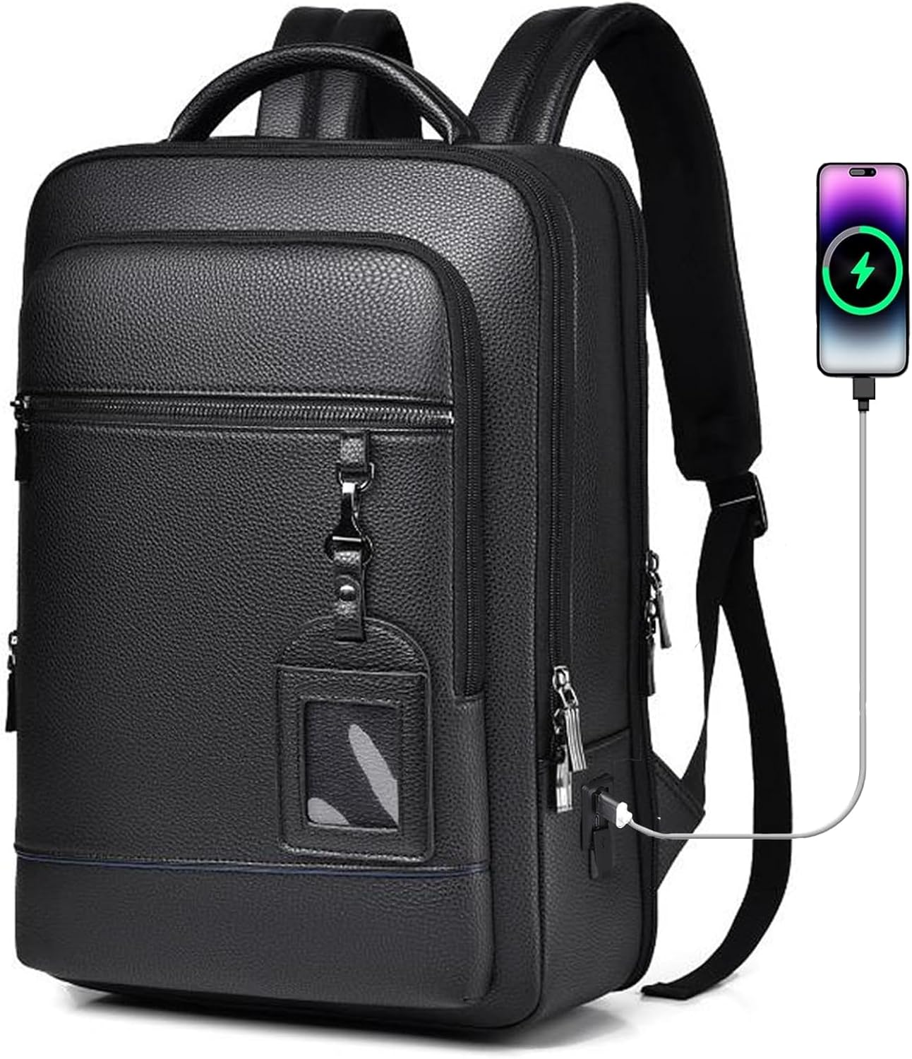 Leather Laptop Backpack for Men with USB Charging Port