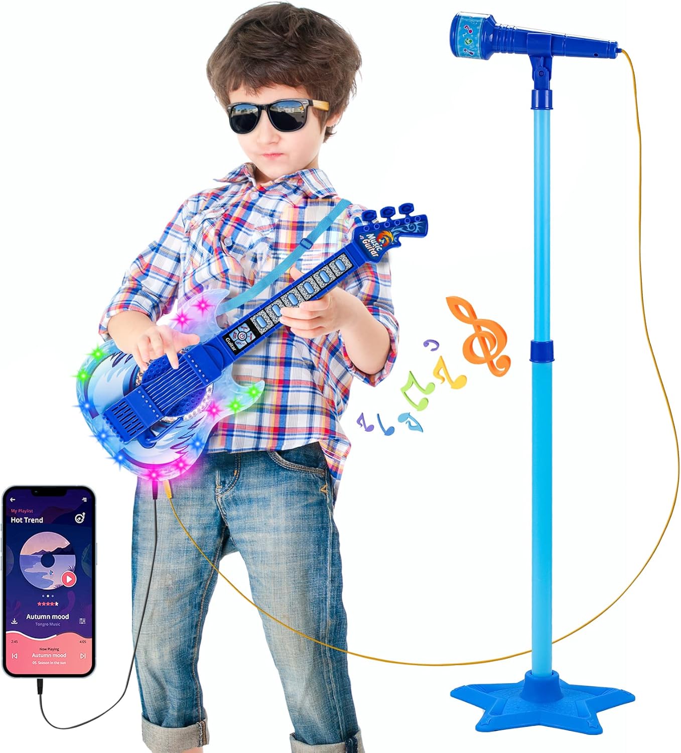 Karaoke Fun Set for Kids: Music & Light, Guitar & Mic, Adjustable Stand