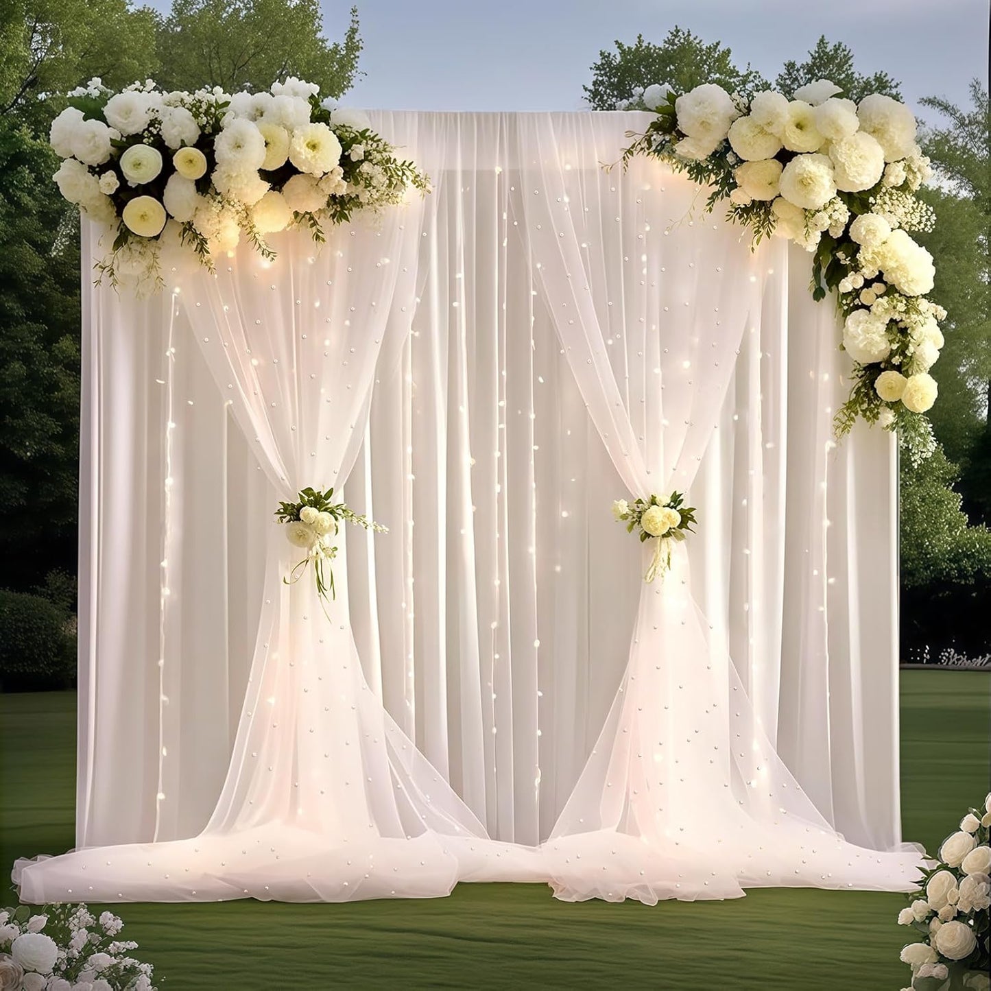 108FT White Pearl Tulle Backdrop Curtain with String Lights