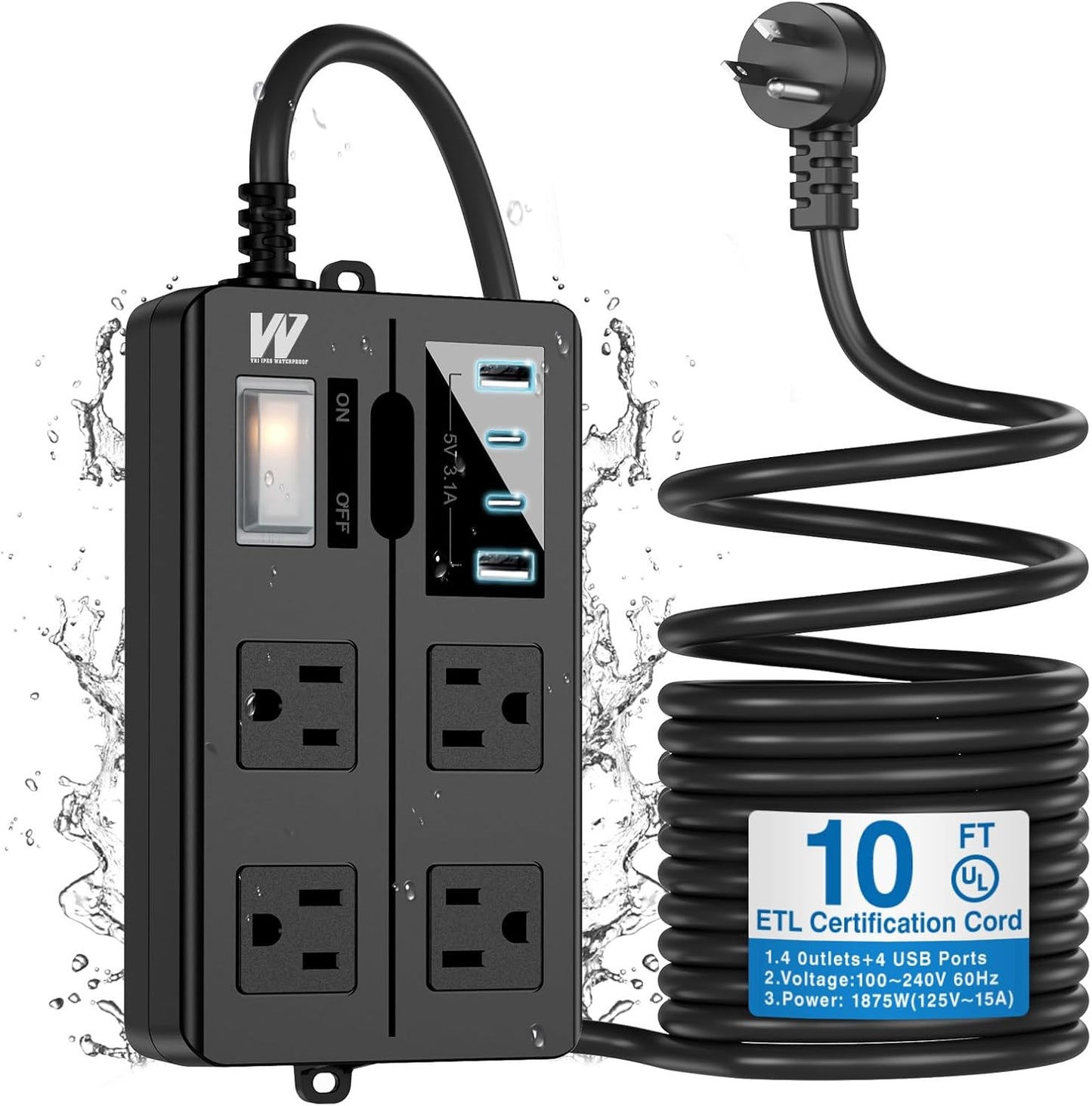 VNJ Outdoor Power Strip with 4AC Outlets and 4USB Ports