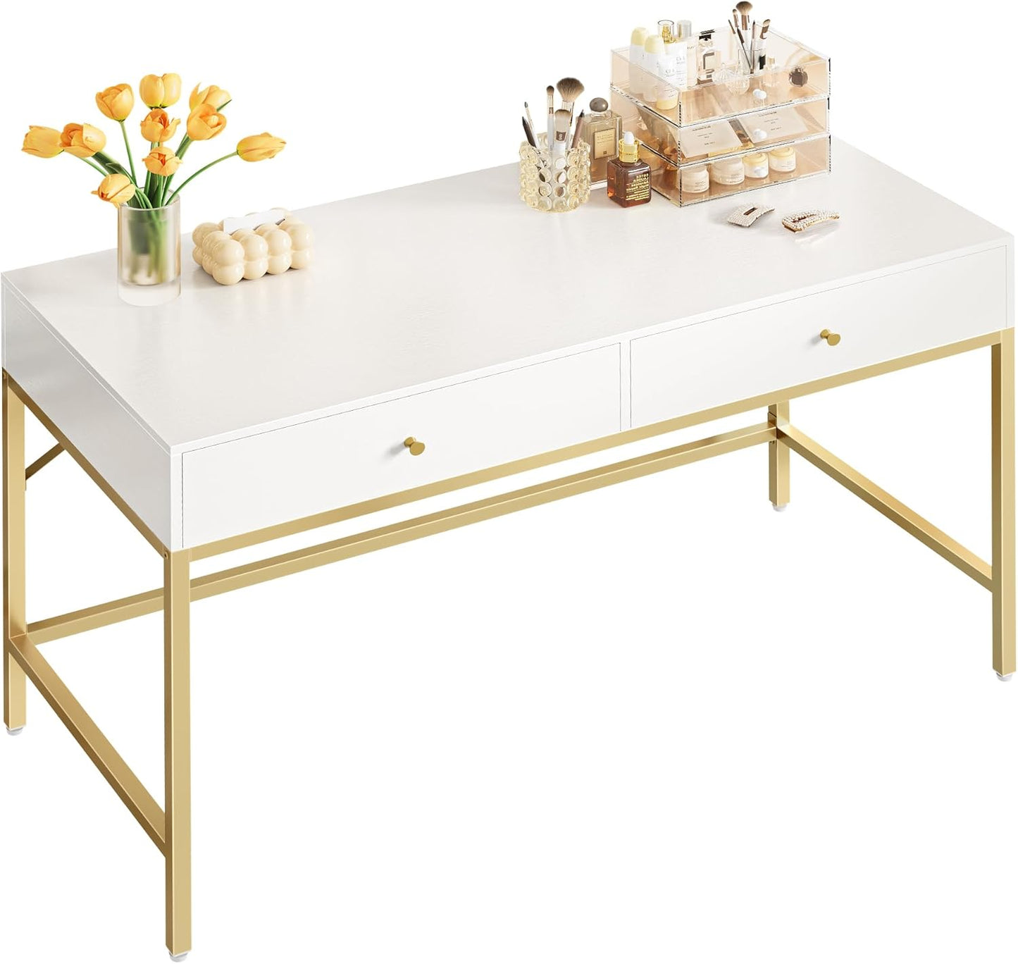 Modern White/Gold Vanity Desk - Space-Saving Style