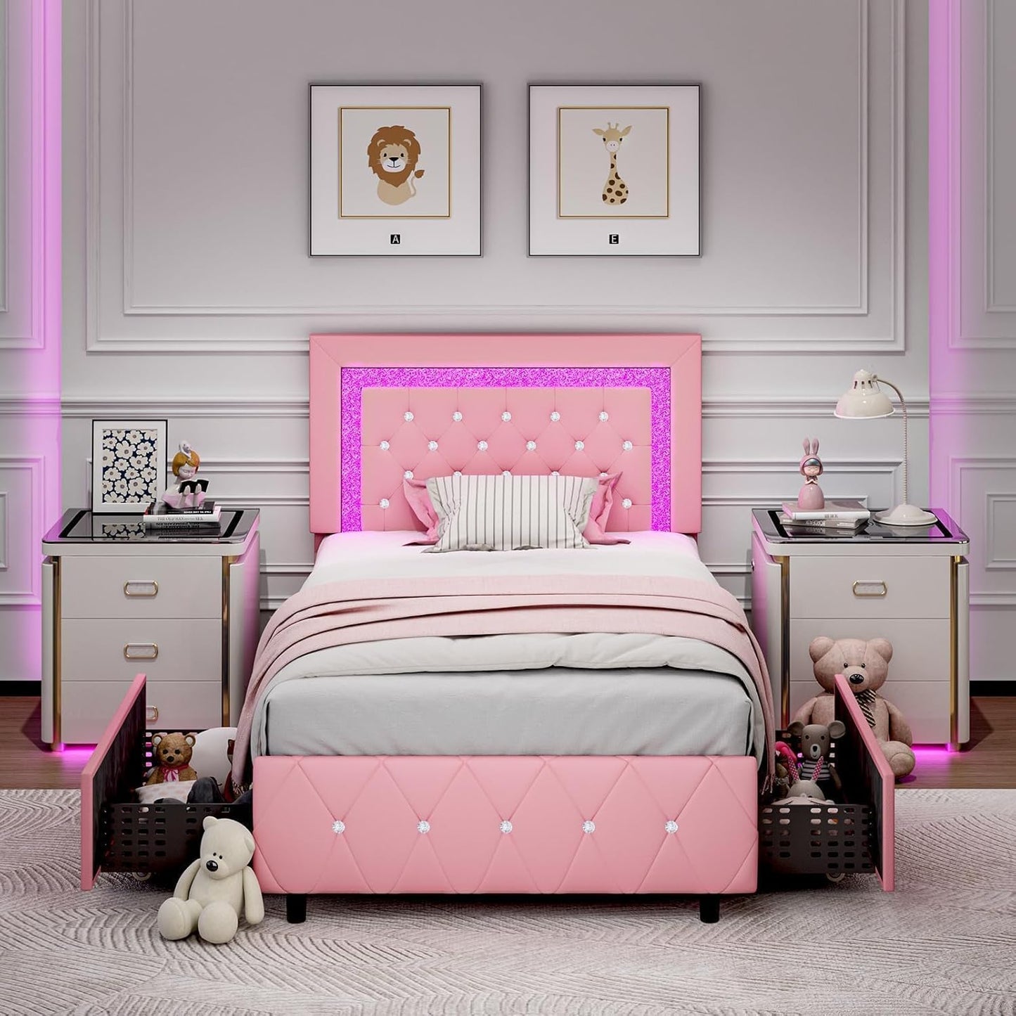 BarnFurin Twin Bed Frame with LED Lights and Storage Drawers