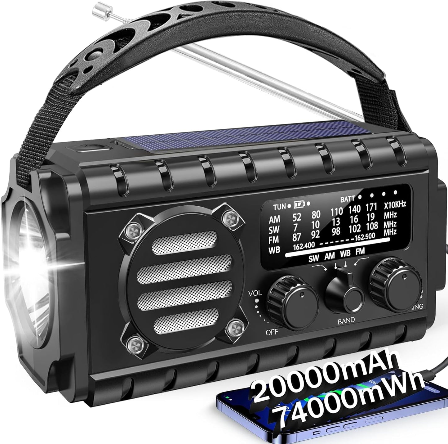 20000mAh Emergency Radio with Solar Power and Hand Crank Charger