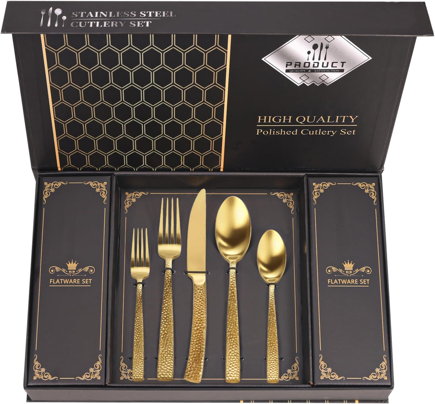 Hammered Gold Silverware Set With Gift Box For 8 Utensils