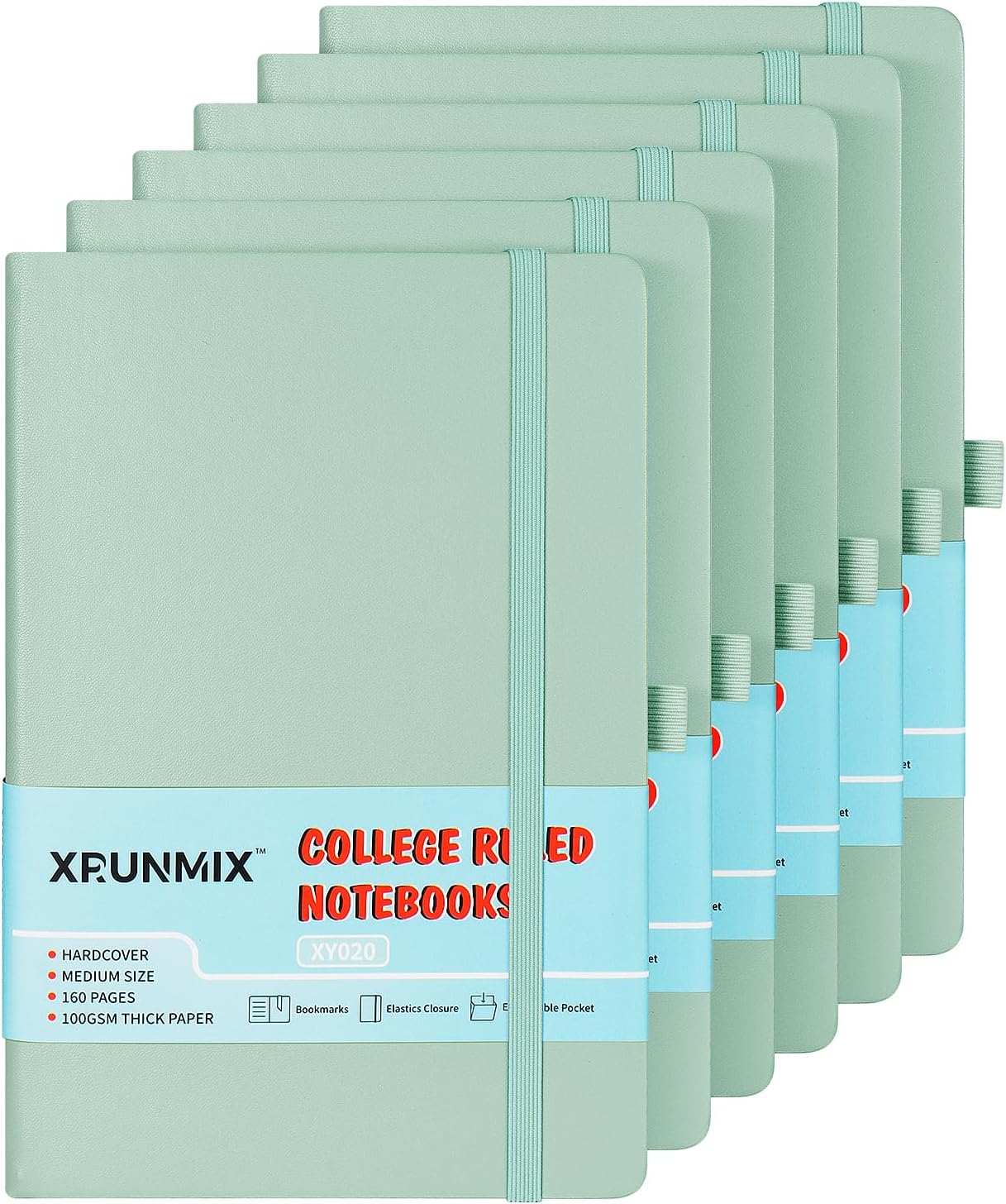 Sage Green Hardcover Journals x6, 160 Pages, Premium 100 GSM Paper