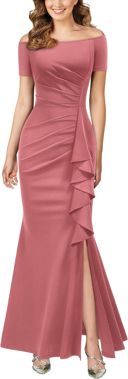 Elegant Off Shoulder Ruffle Formal Evening Long Dress for Women