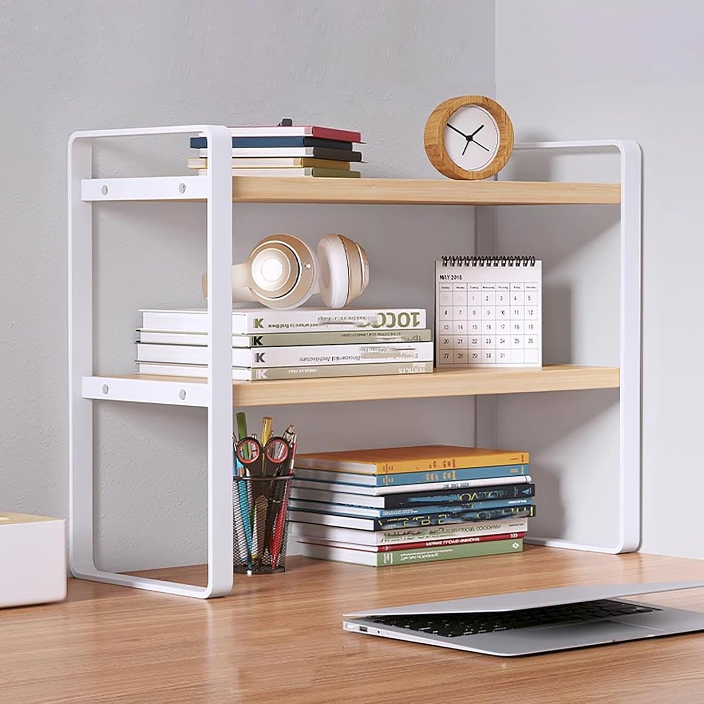 Adjustable Desktop Organizer Shelf - Office Storage Rack - White