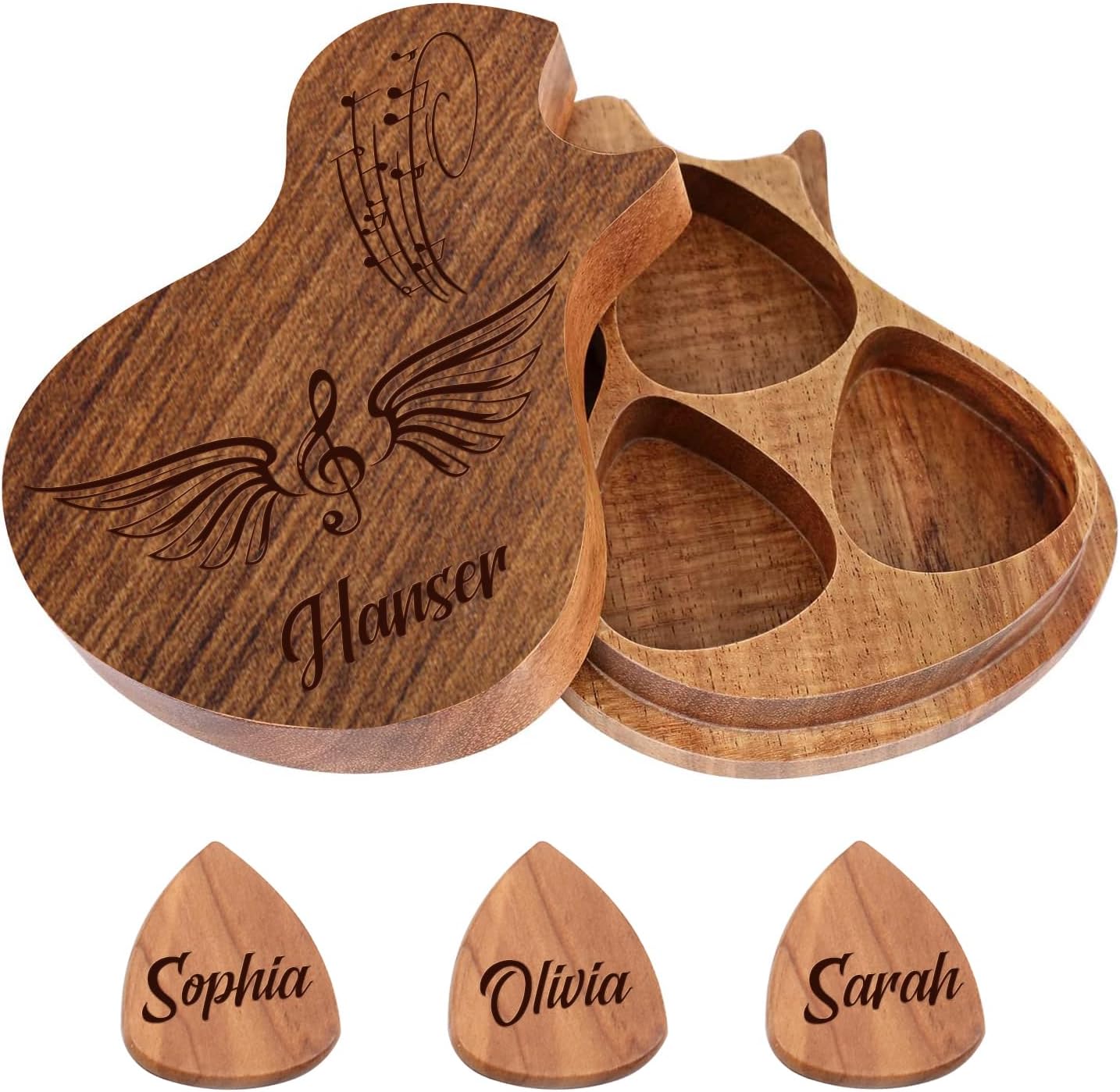 Custom Guitar Pick Case Set - Personalized Names, 3 Wooden Picks