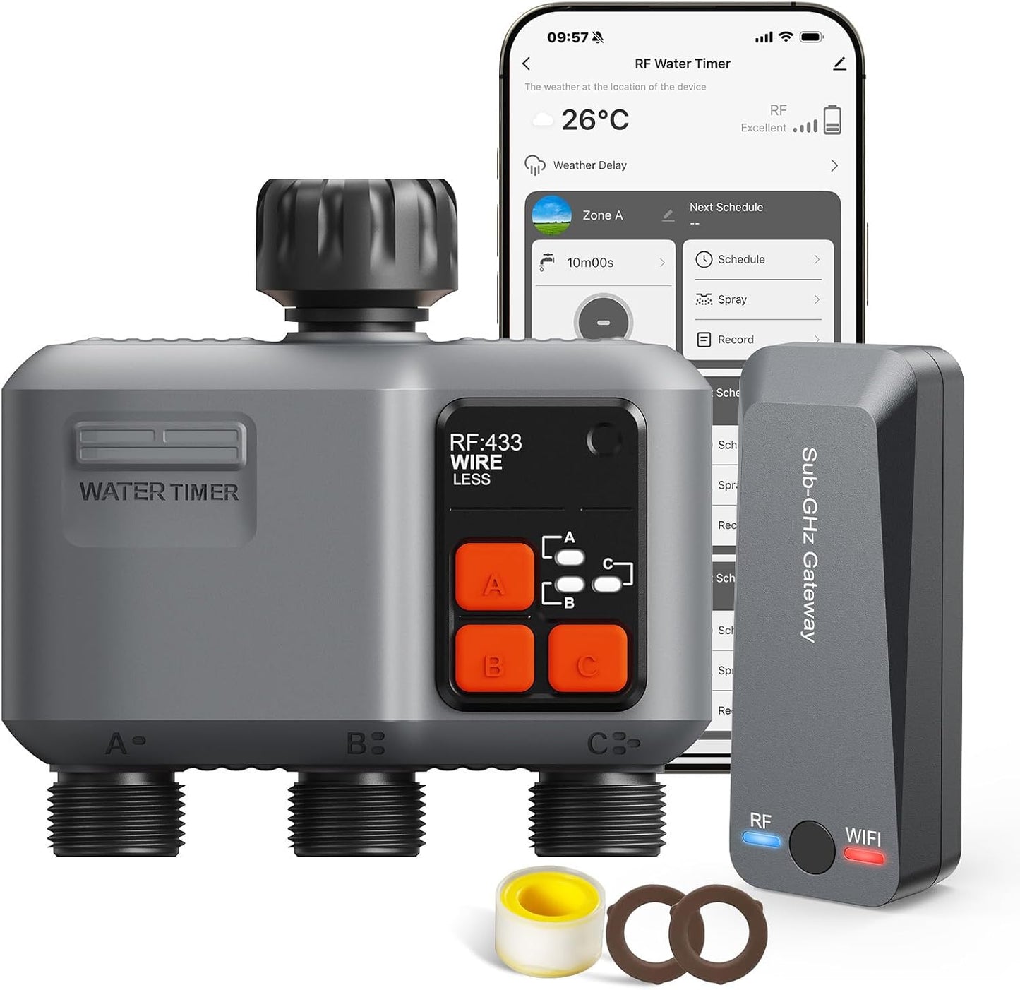 WiFi Sprinkler Timer 3 Zone with 984 Feet RF Gateway for Gardens