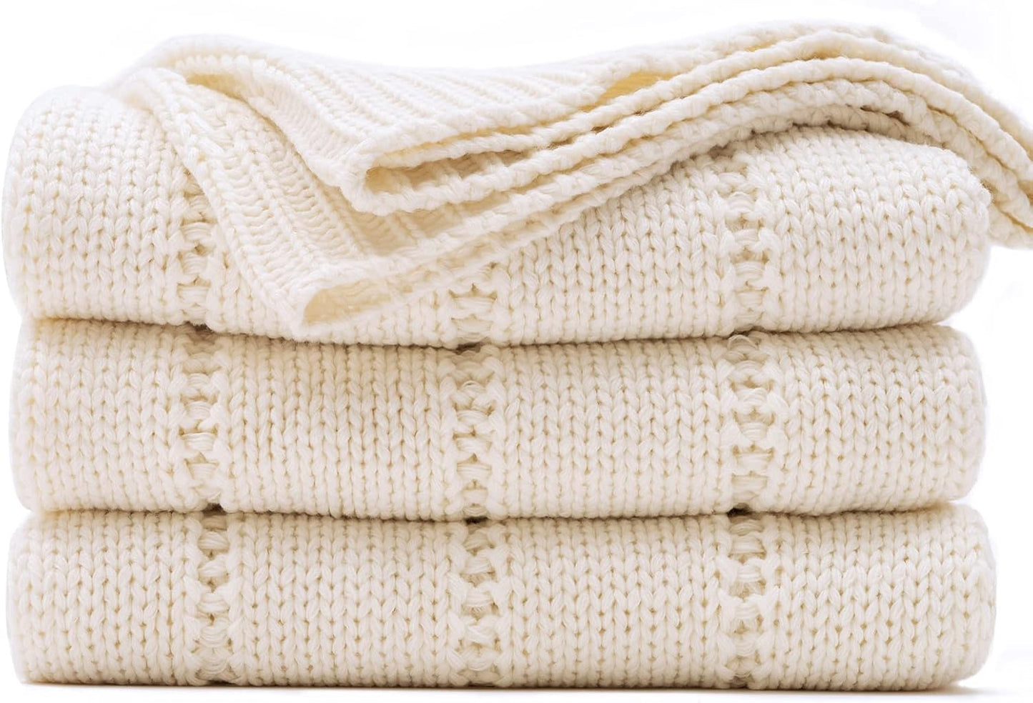 RECYCO Cable Knit Cream White Throw Blanket for Cozy Comfort