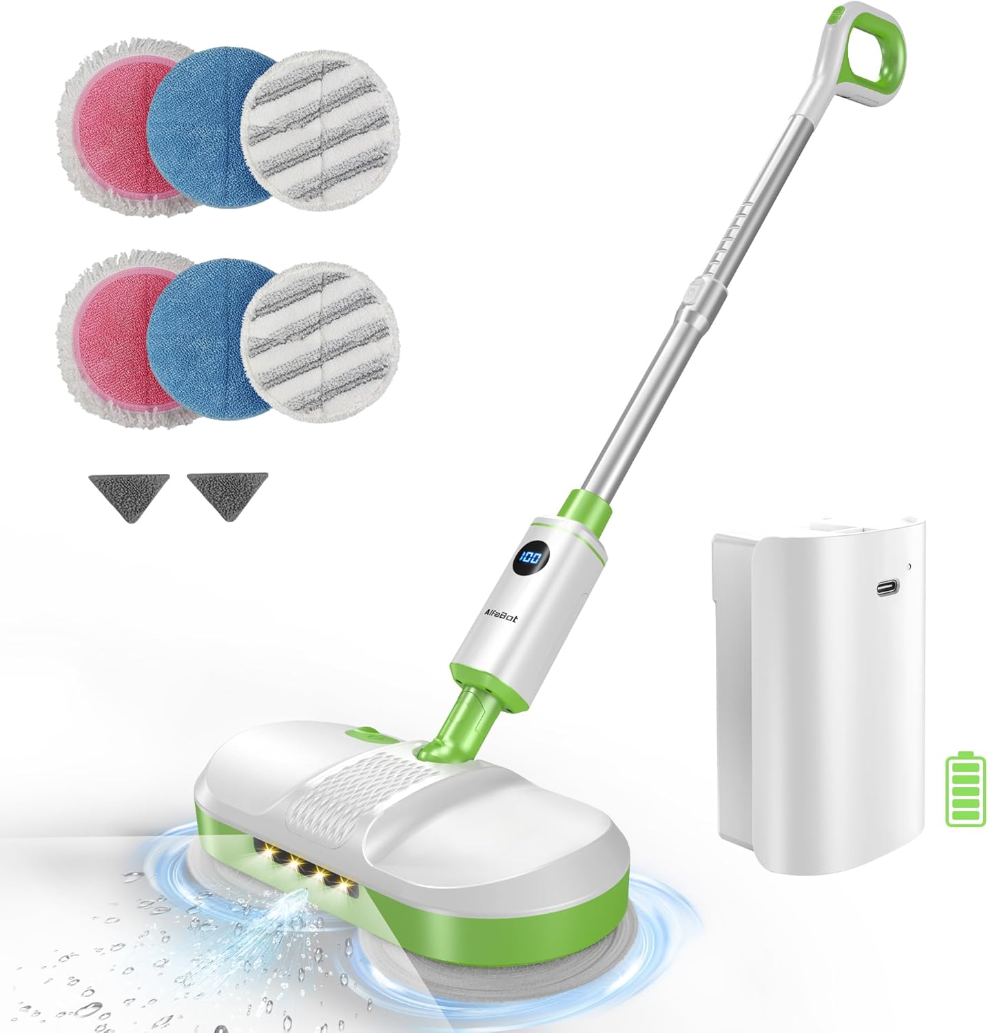 AlfaBot Cordless Spin Mop: LED Light, Water Spray, Self-Propelled