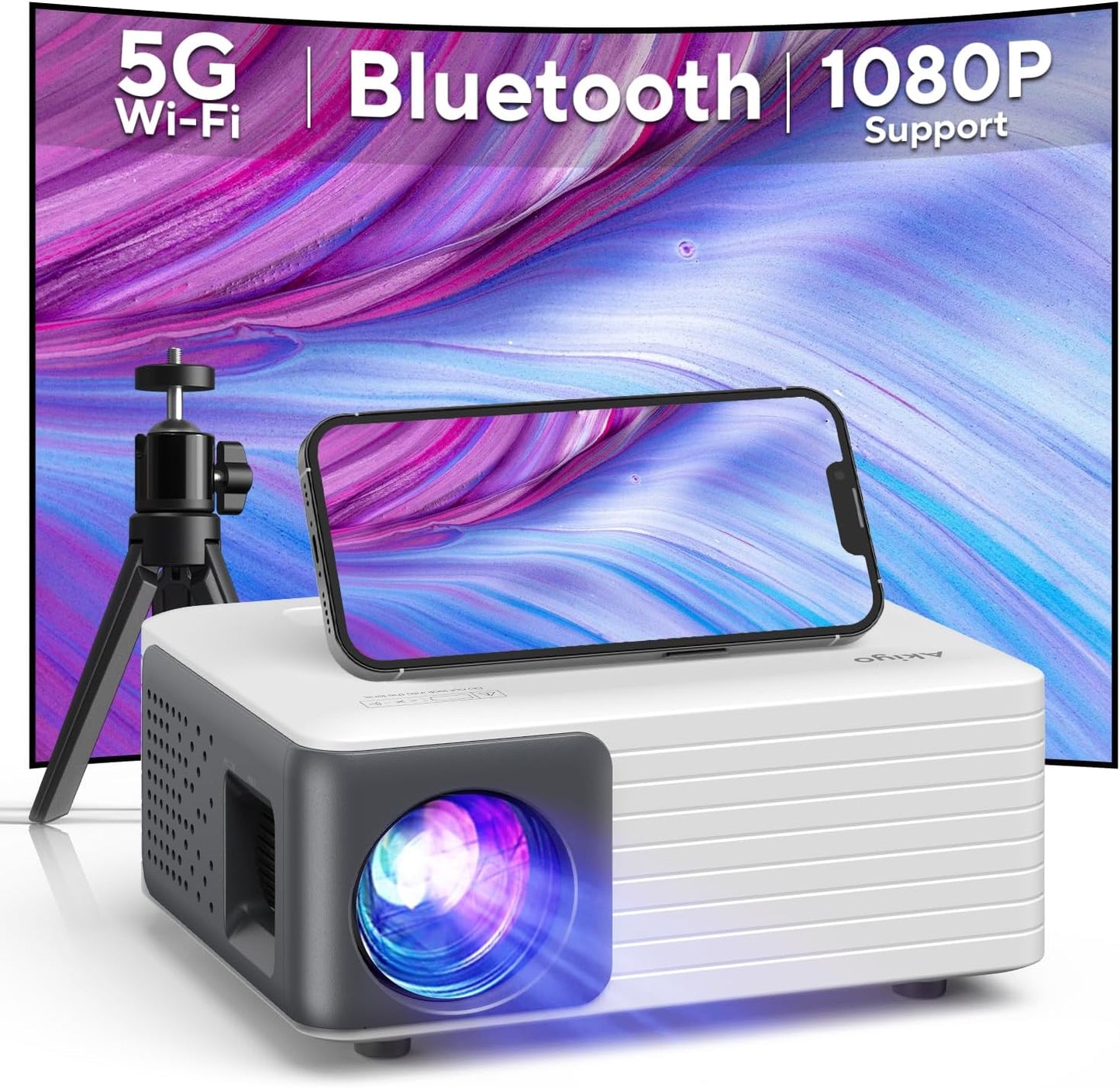 AKIYO Portable Mini Projector: WiFi, Bluetooth, 1080P, Stand - Ultimate Home Theater Experience
