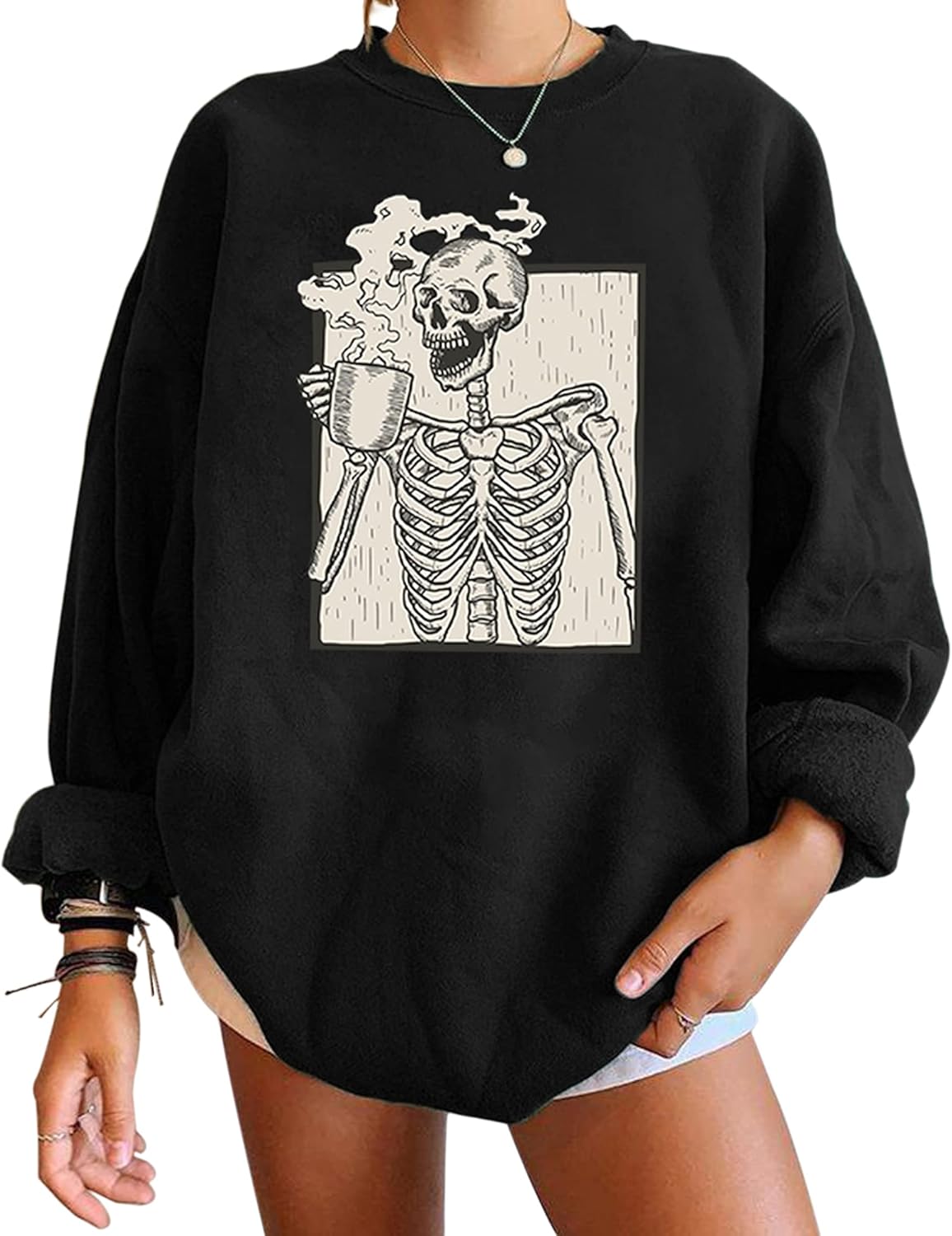 Meladyan Halloween Skull Graphic Print Oversized Sweatshirt