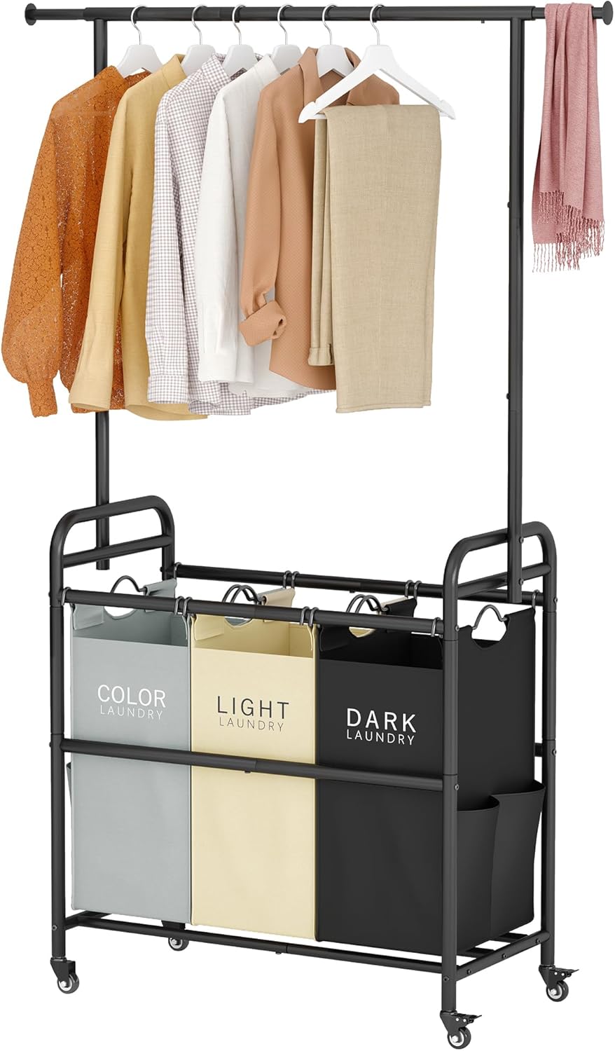 Tajsoon Laundry Sorter Cart with Hanging Rack for Easy Sorting