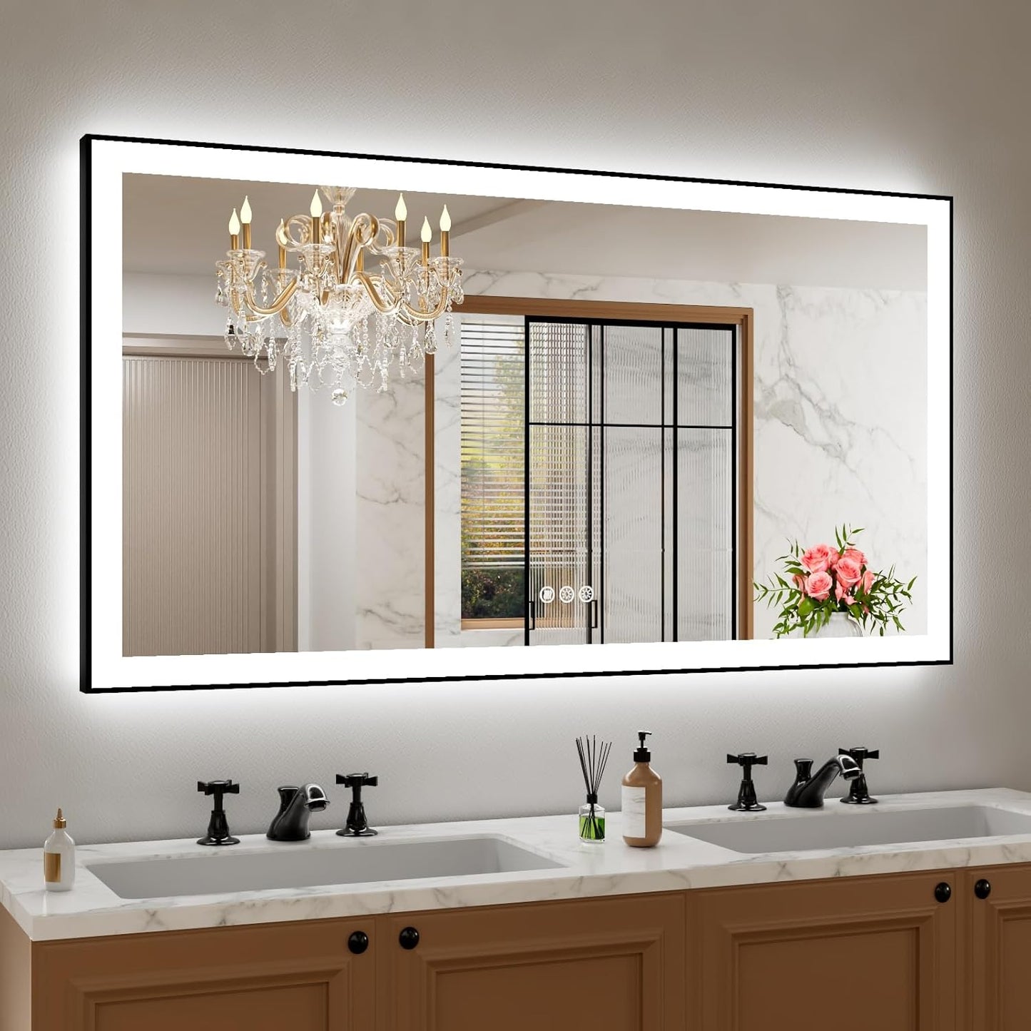 55in X30in LED Bathroom Mirror with Black Frame and Anti-Fog