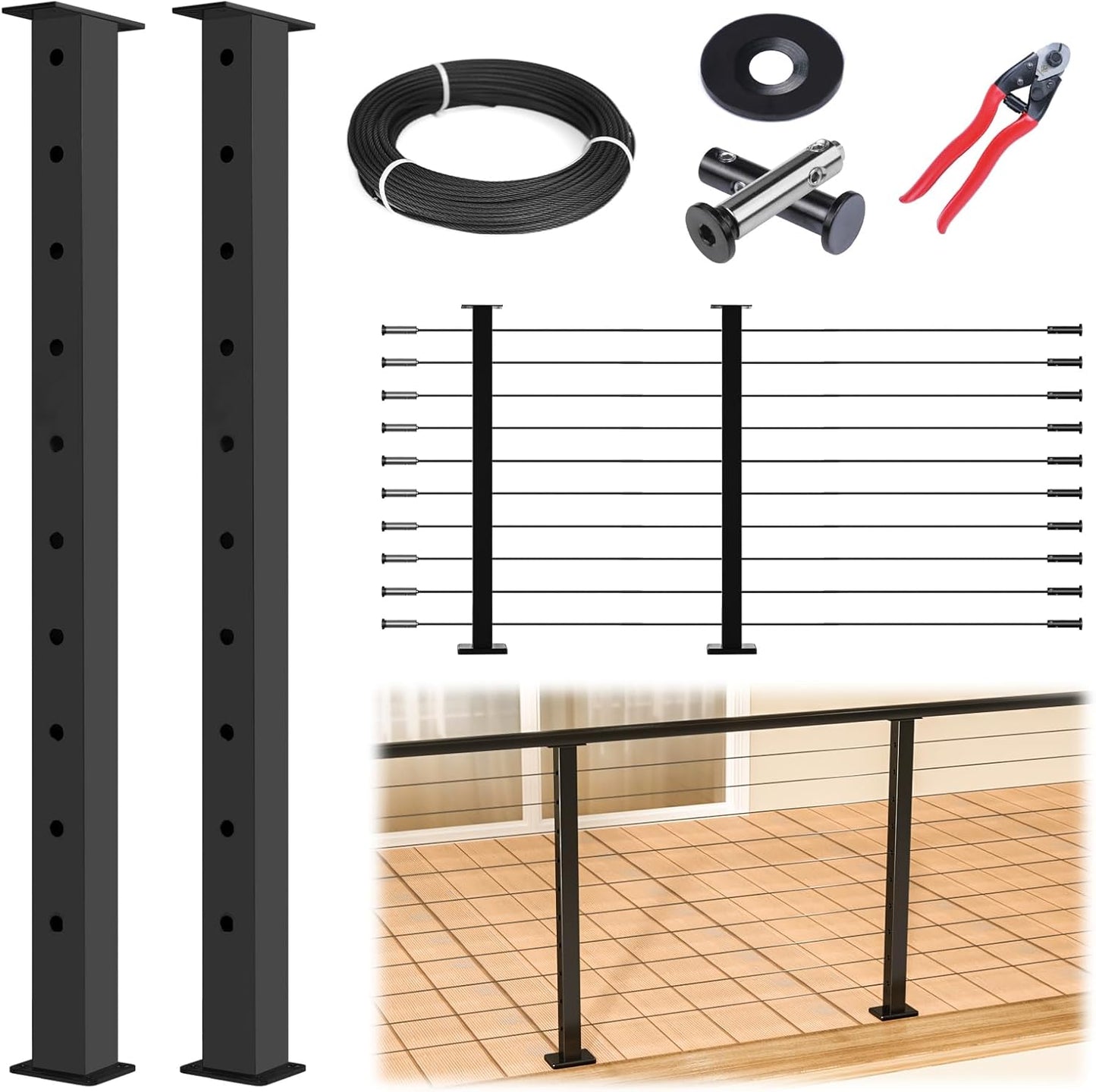 Muzata Modular Black Cable Railing Kit for Easy DIY Decks