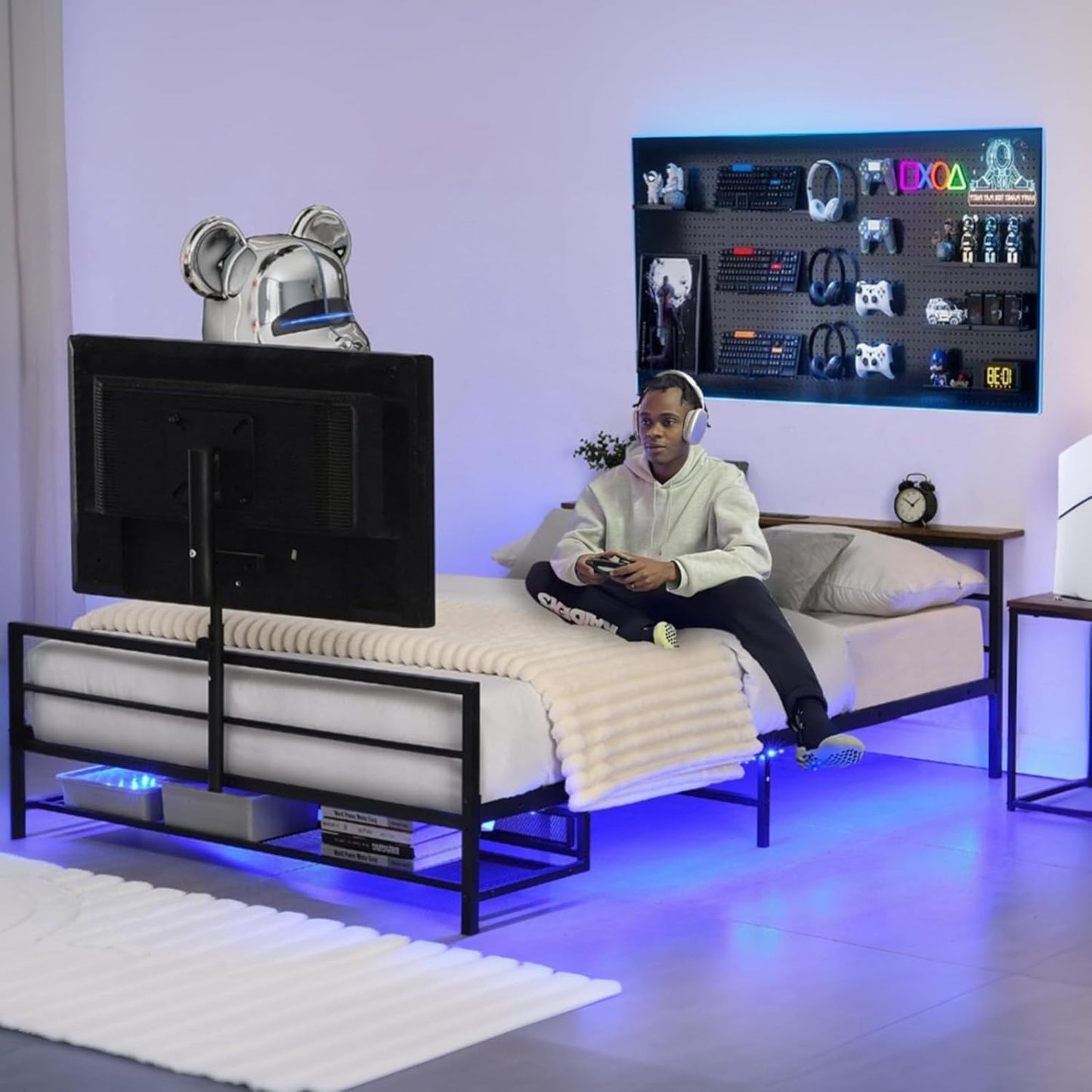 Black Gaming Bed Frame with TV Mount & LED Lights