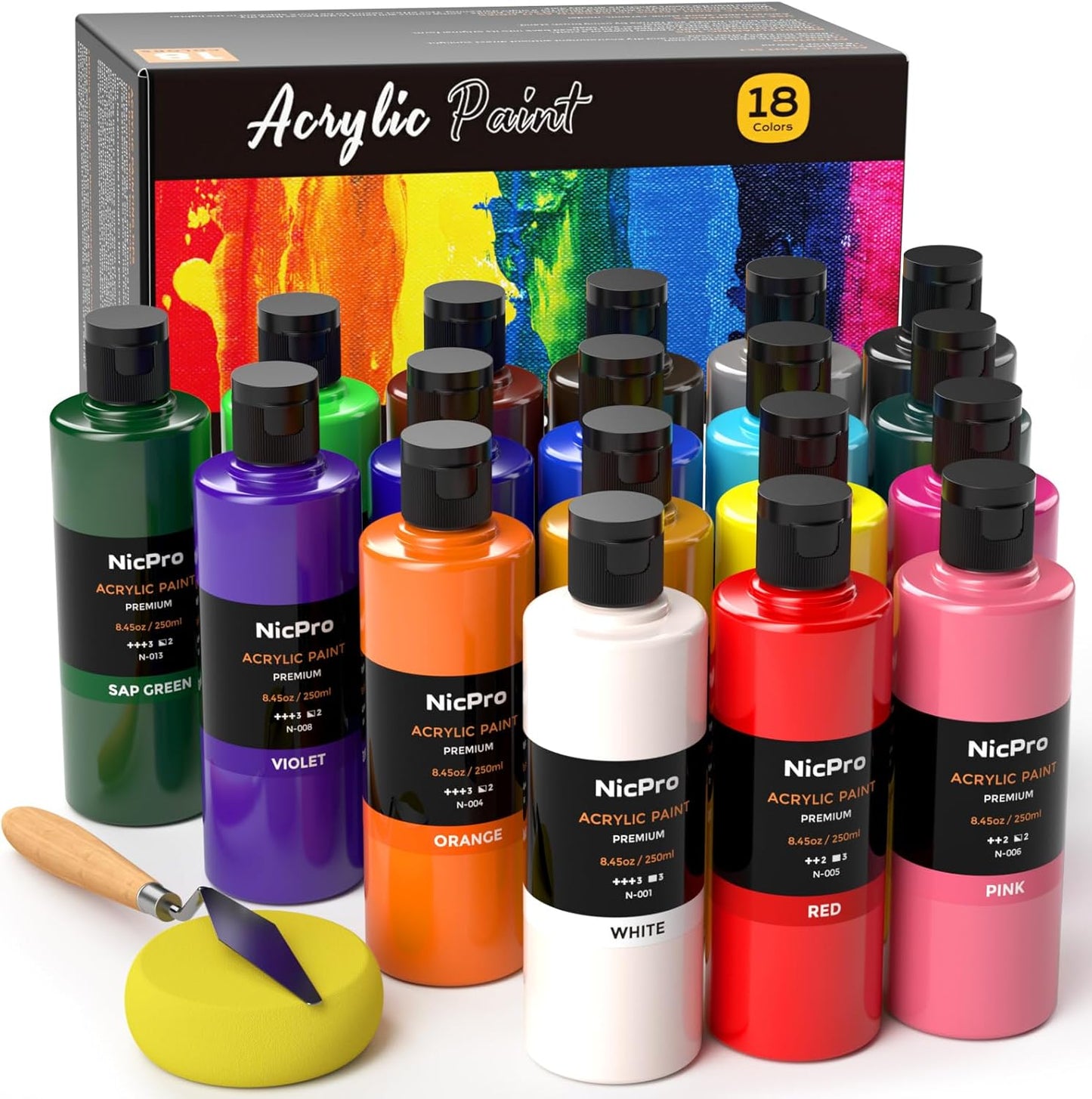 Nicpro 18 Colors Large Acrylic Paint Set for Creative Projects