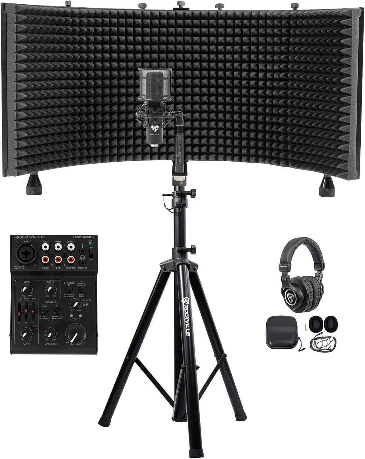 Rockville RockMix 5 Channel Pro Mixer Bundle with Isolation Shield