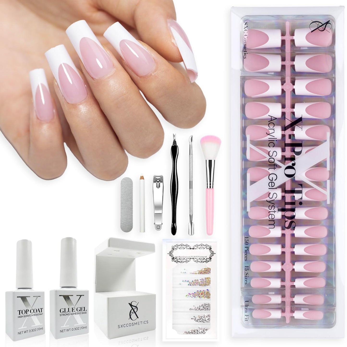 SXC Cosmetics French Tip Press On Nails Pink Series Starter Kit