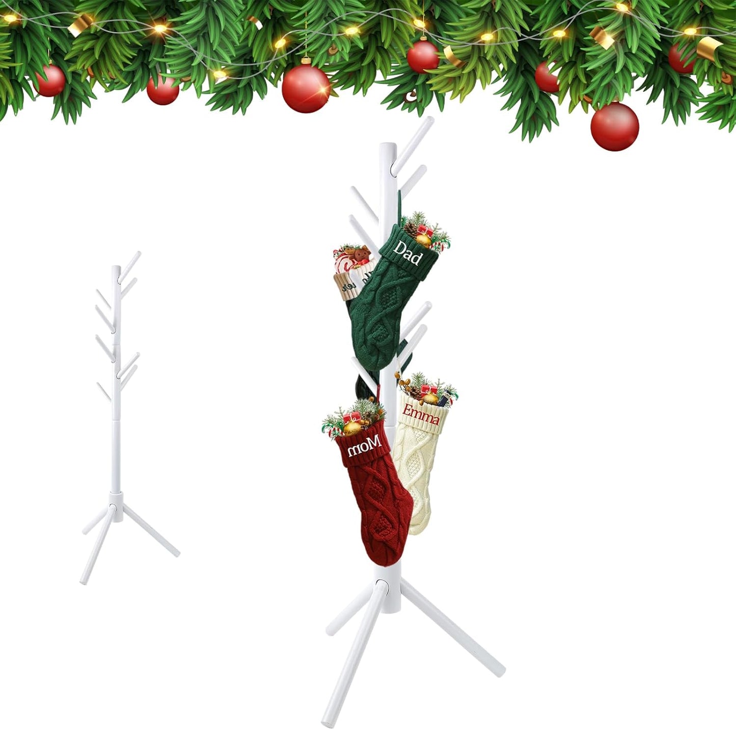 Wooden Christmas Stocking Holder Stand with 8 Hooks for Decor
