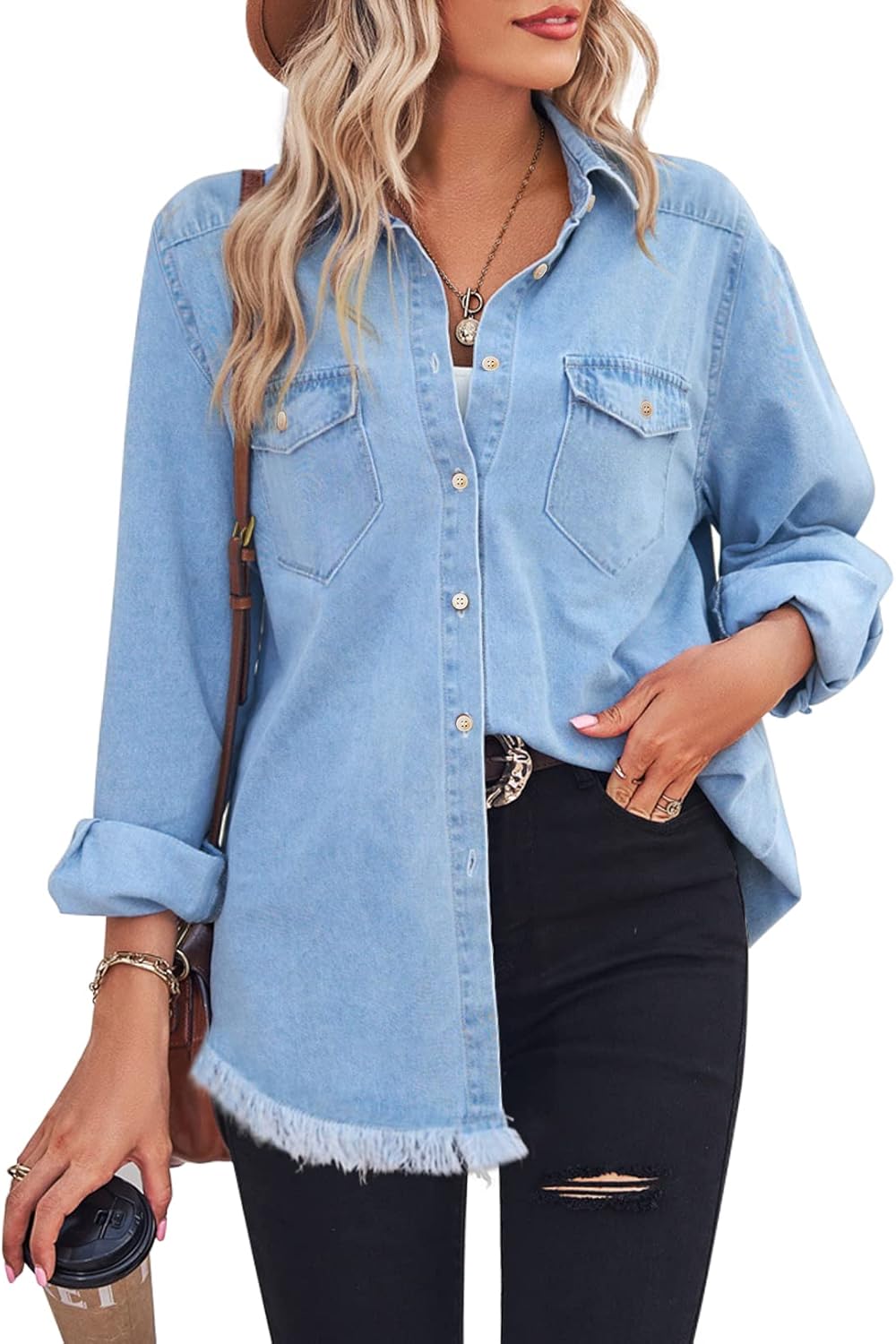 Zilcremo Women Denim Shirt Long Sleeve Button Down Blouse