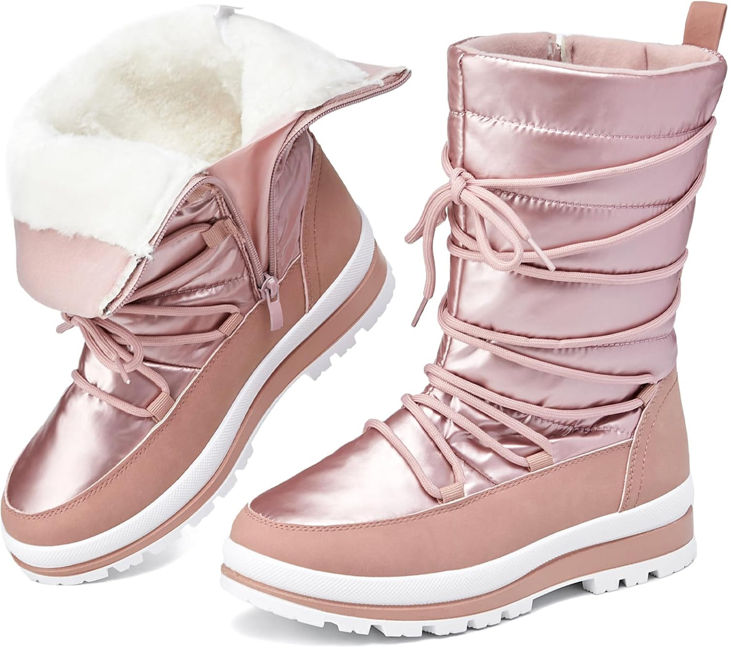 Snow Boots for Women Waterproof Mid Calf Furry Lace Up Design