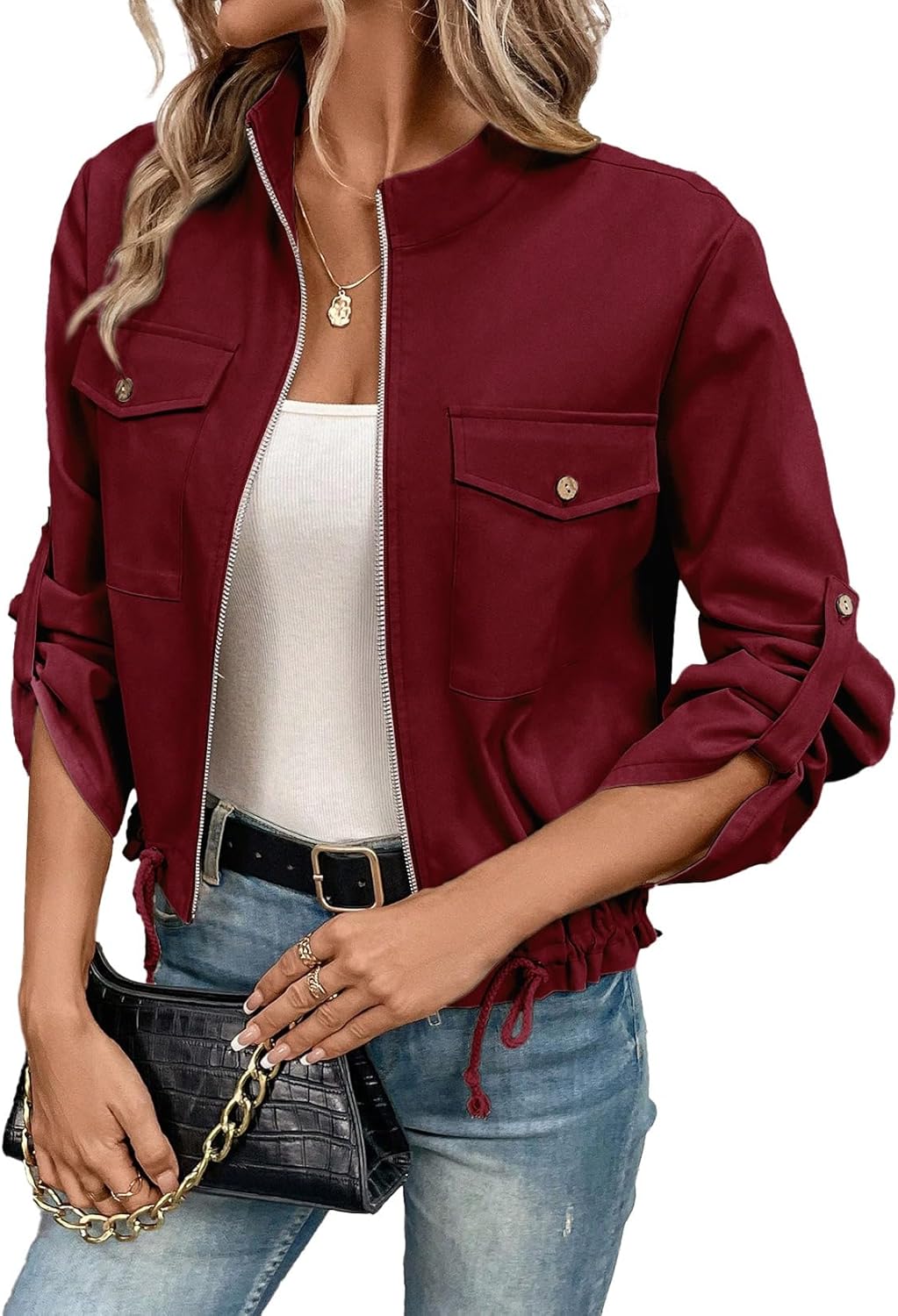 EVALESS Womens Zip Up Jacket with Roll Tab Sleeve and Pockets