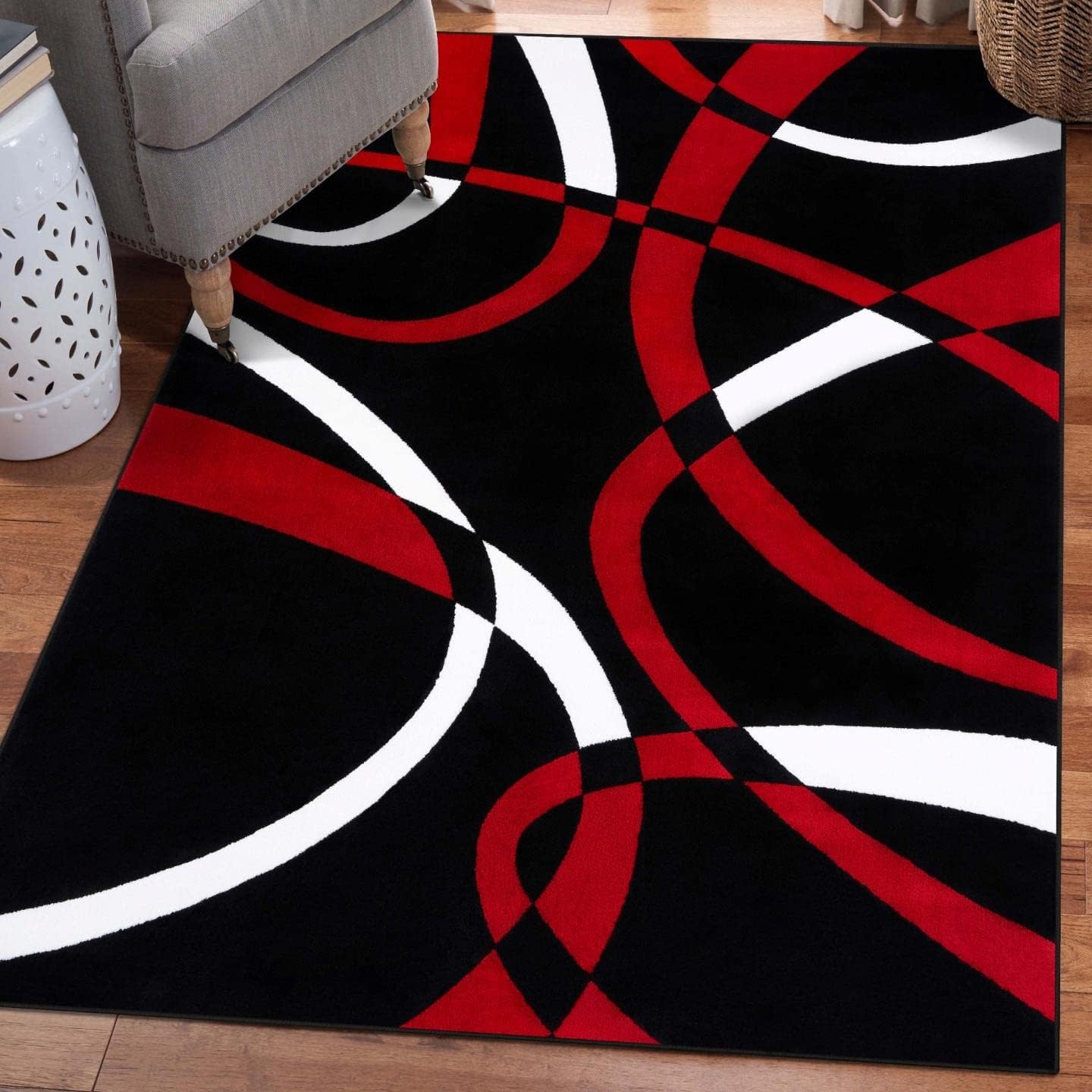 2305 Geometric Abstract Red Black Area Rugs for Living Room