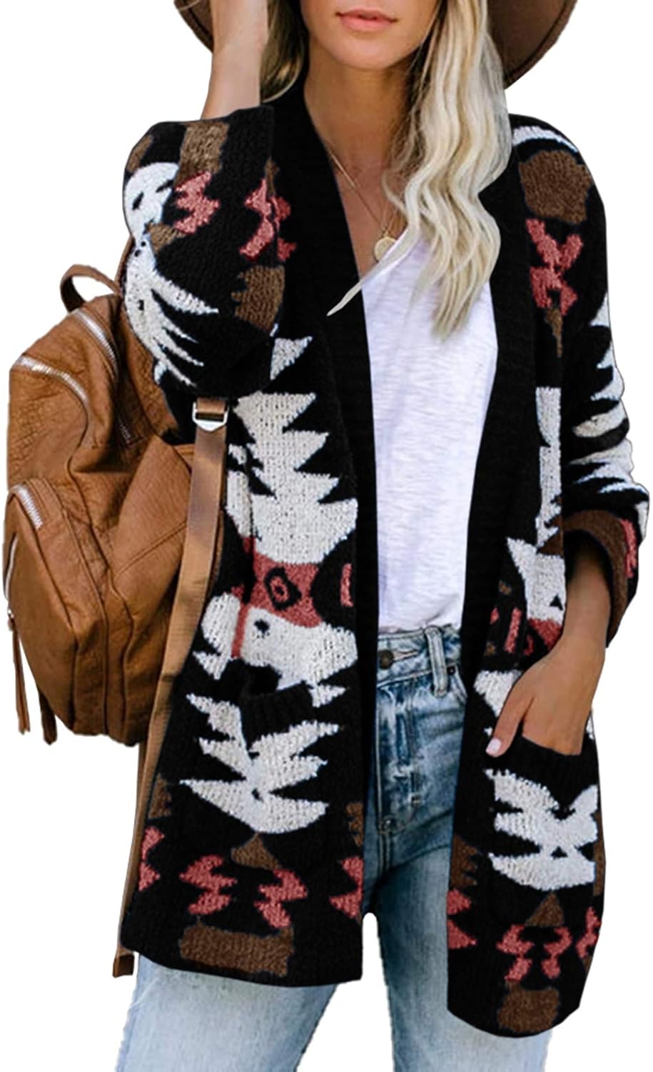 Boho Cardigan for Women - Aztec Open Front Slouchy Sweater