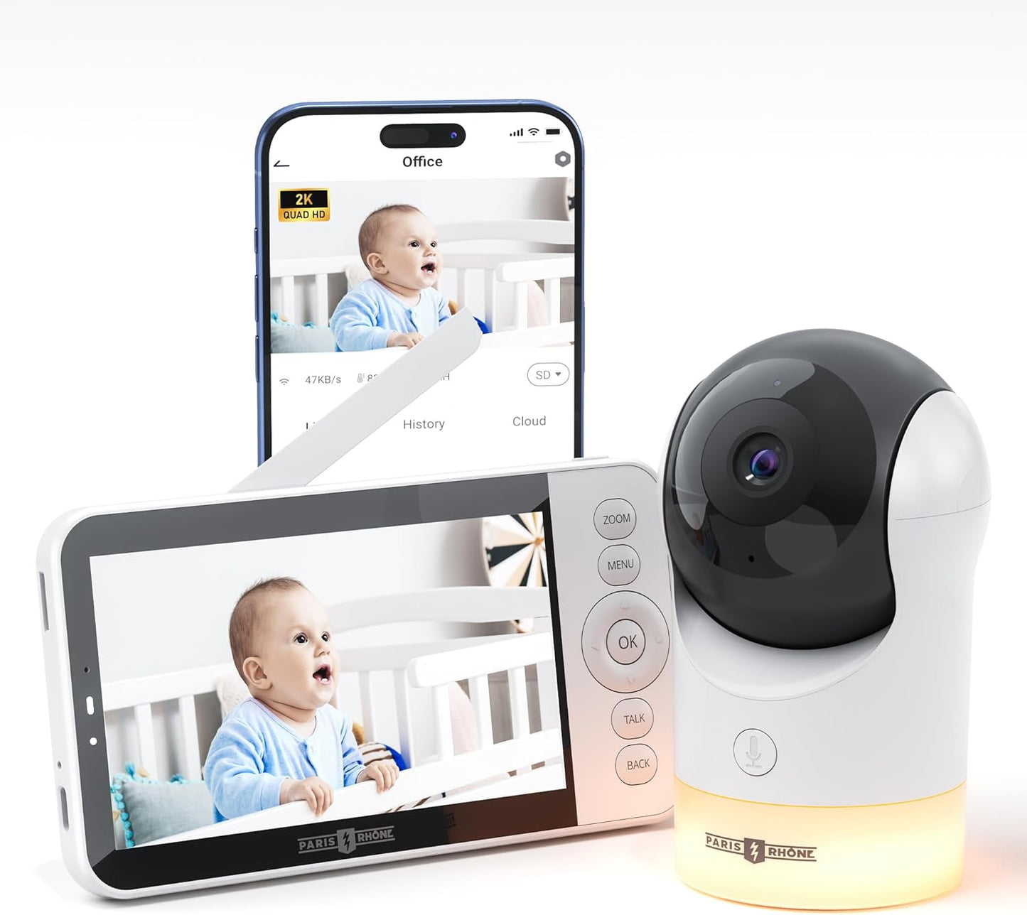 PARIS RHNE 2K WiFi Baby Monitor: AI Tracking, Night Vision, Smart Alerts