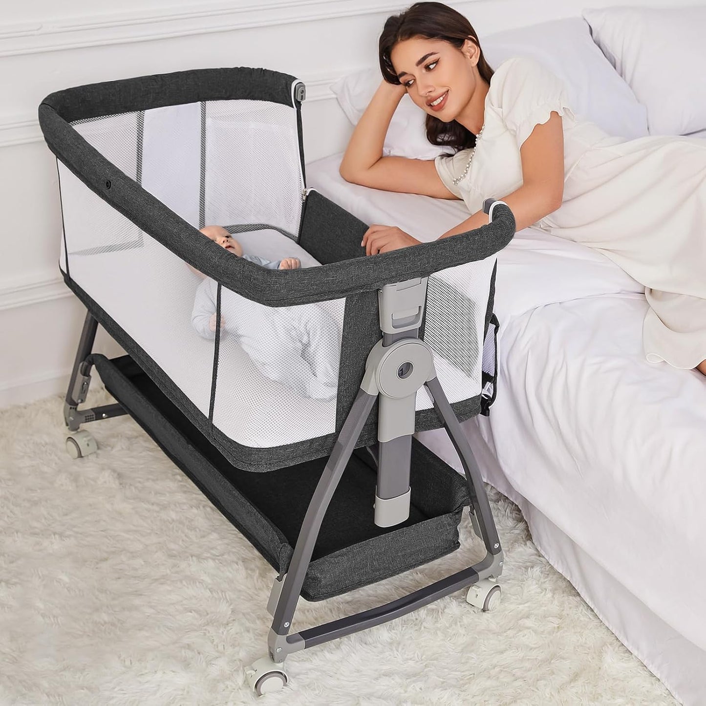 Adjustable Newborn Bassinet with Wheels and Storage Basket