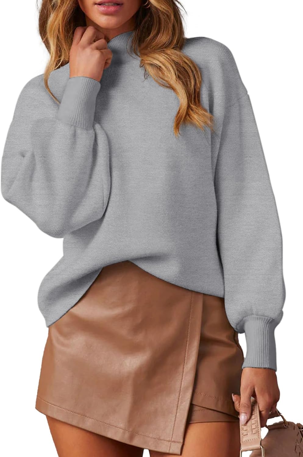 WEACZZY Women's Mock Neck Lantern Sleeve Lightweight Sweater