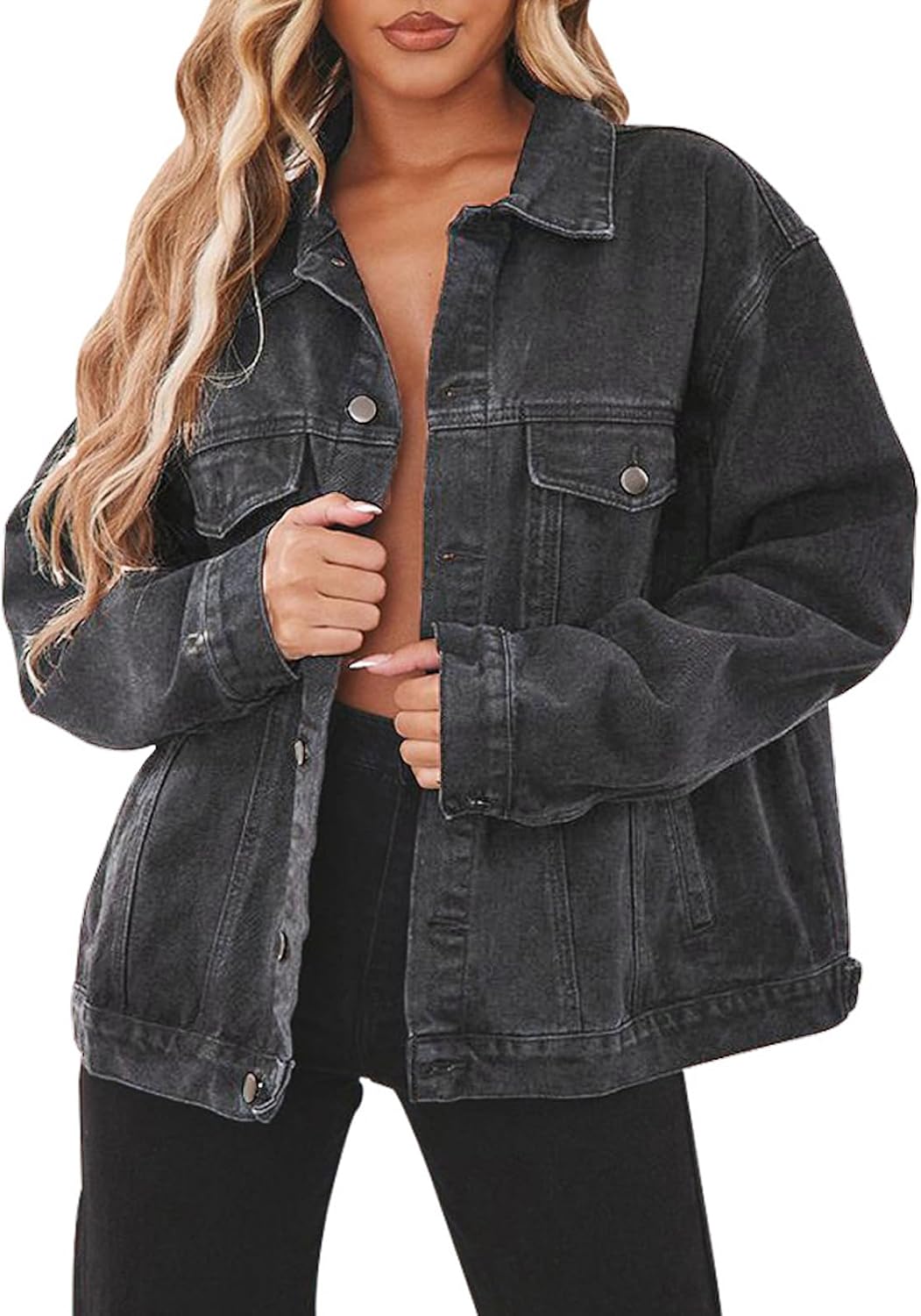 Distressed Jean Jacket for Women - Oversized Denim Trucker Coat