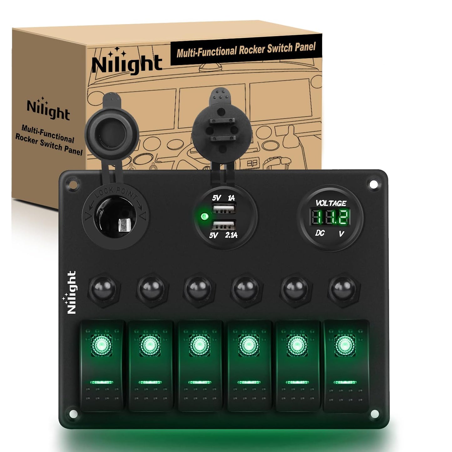 Nilight 6 Gang ON Off Rocker Switch Panel with USB Charger