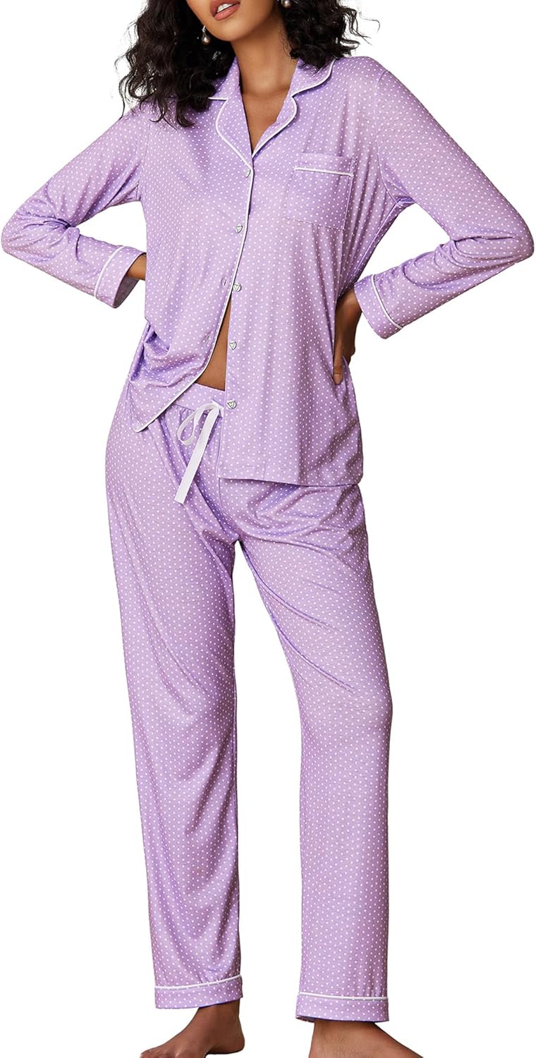 Ekouaer Pajamas Women's Long Sleeve Sleepwear Soft Button Down Set