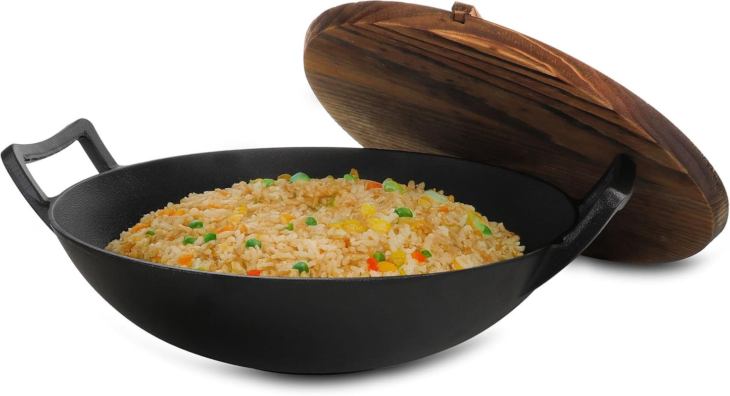 Megachef 14 Inch Pre-Seasoned Cast Iron Wok for Versatile Cooking