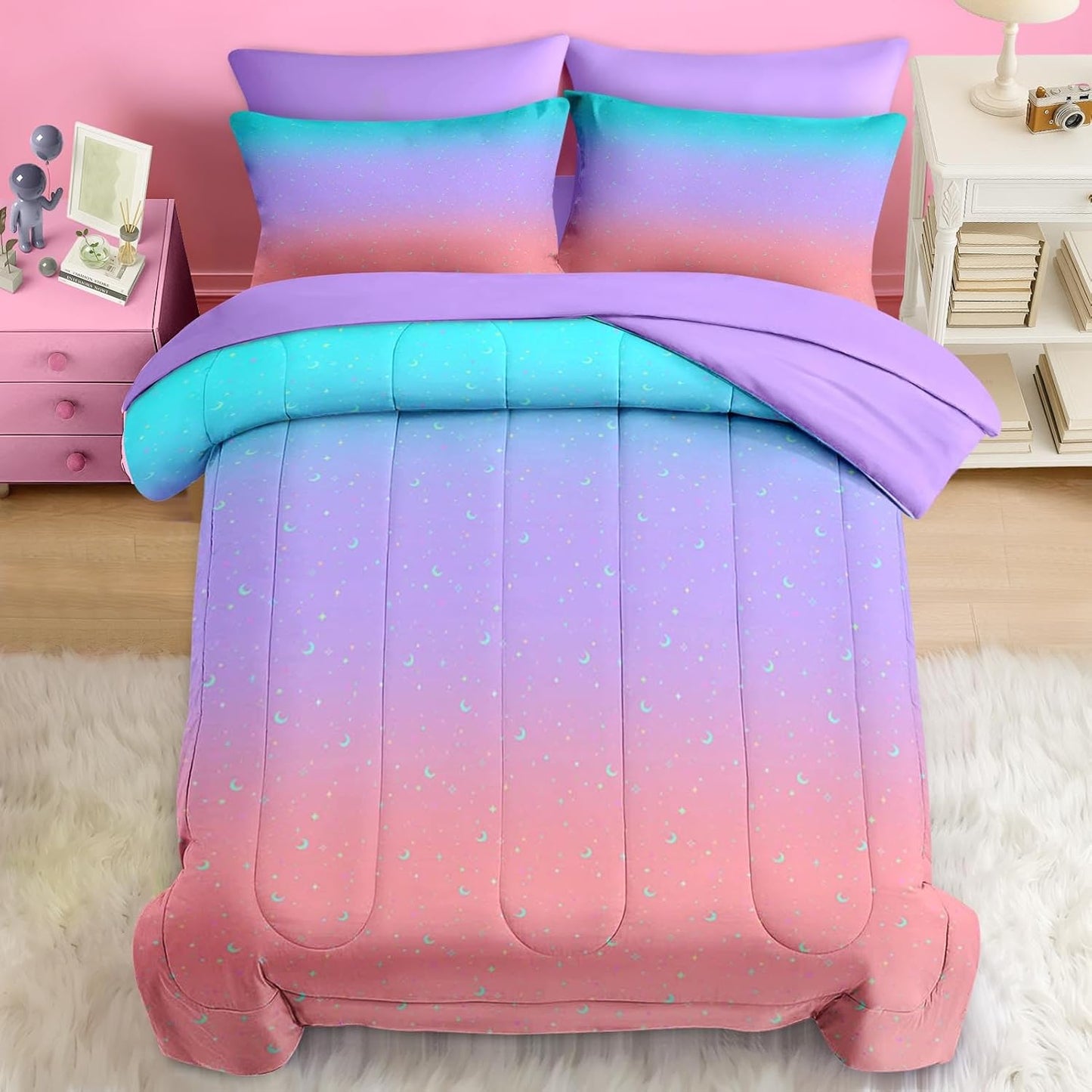 Comforter Set Twin Size with Rainbow Star Moon Design for Kids