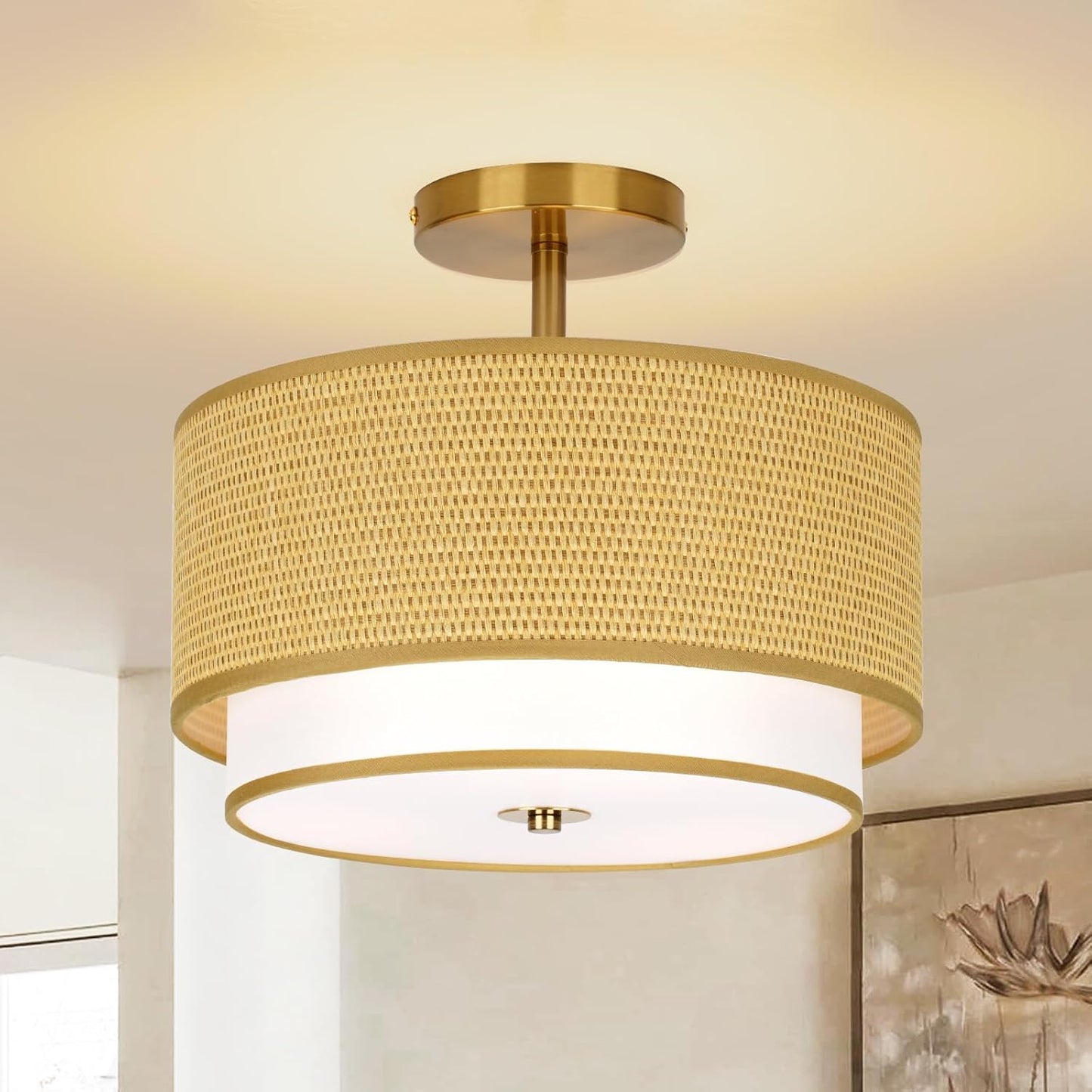 Boho Light Fixtures Woven Rattan-Style Ceiling Light for Home