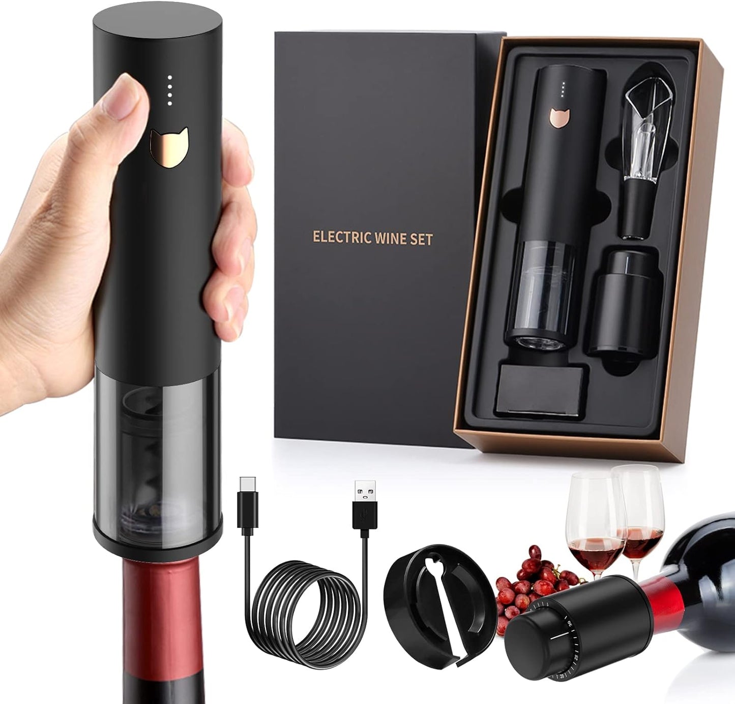 Electric Wine Opener with Foil Cutter and Aerator Pourer Gift Set