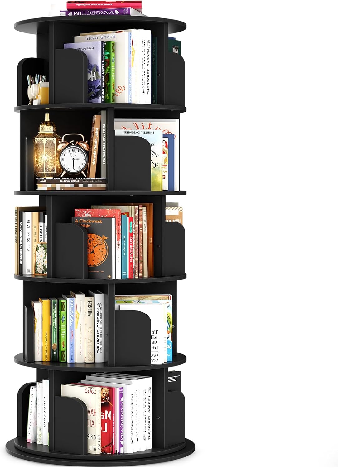 Rotating Bookshelf Tower: 5 Tier Spinning Bookcase for Small Spaces