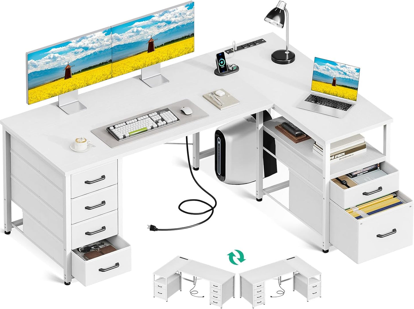 White L-Shaped Desk: 6 Drawers, Power Outlet
