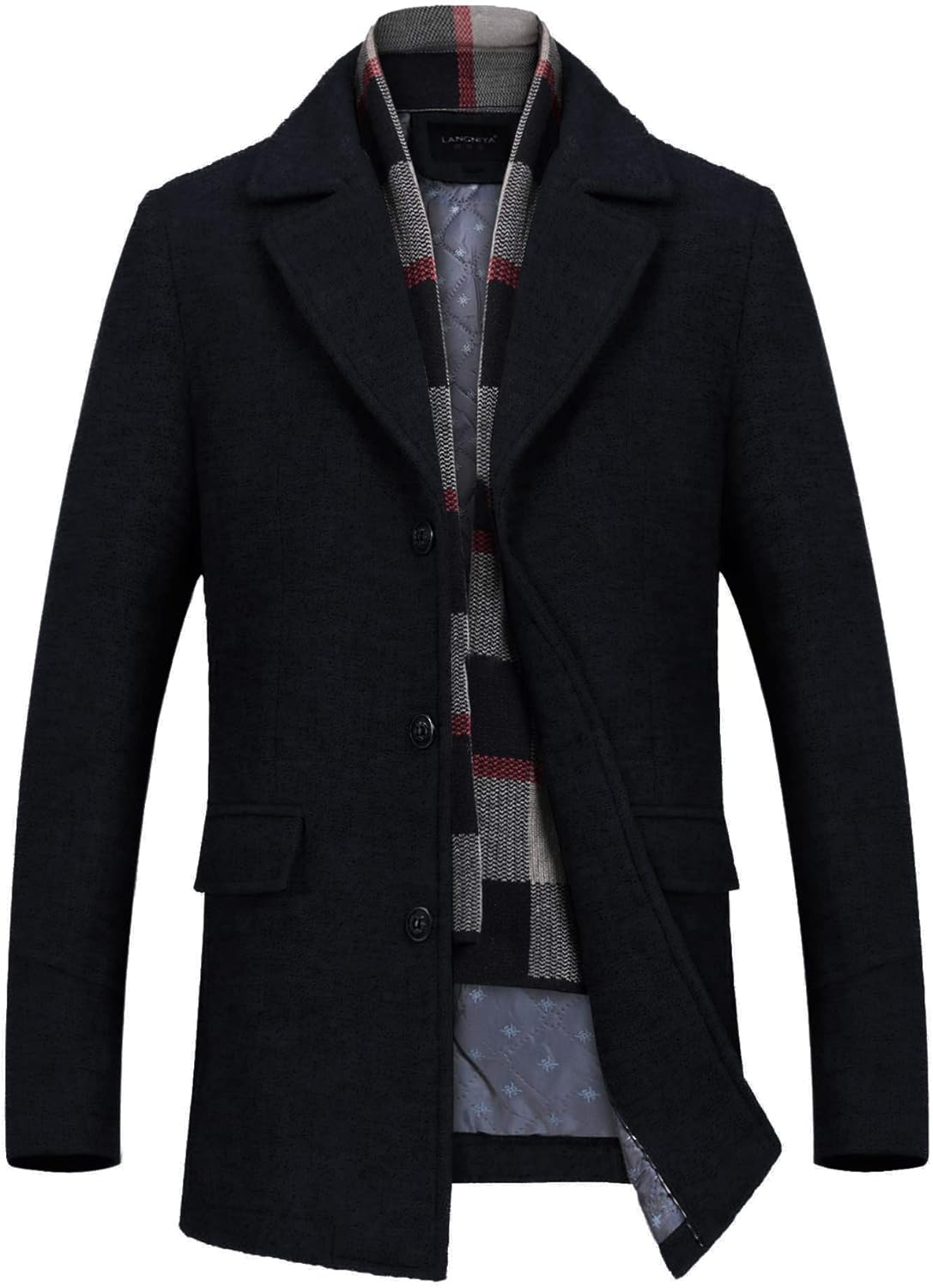 Mens Wool Blend Coat Winter Trench Coat with Detachable Scarf