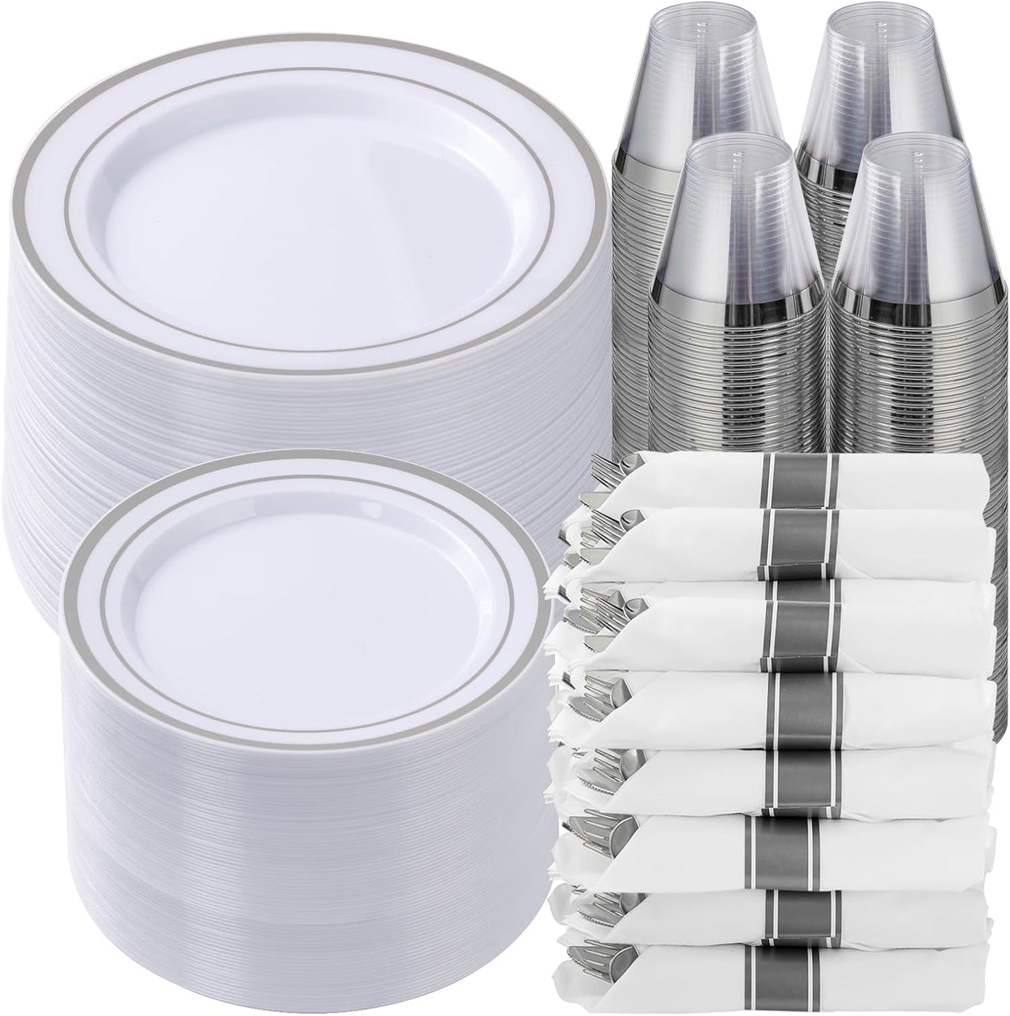 700 Pcs Silver Plastic Dinnerware Set for 100 Guests - Party Supplies