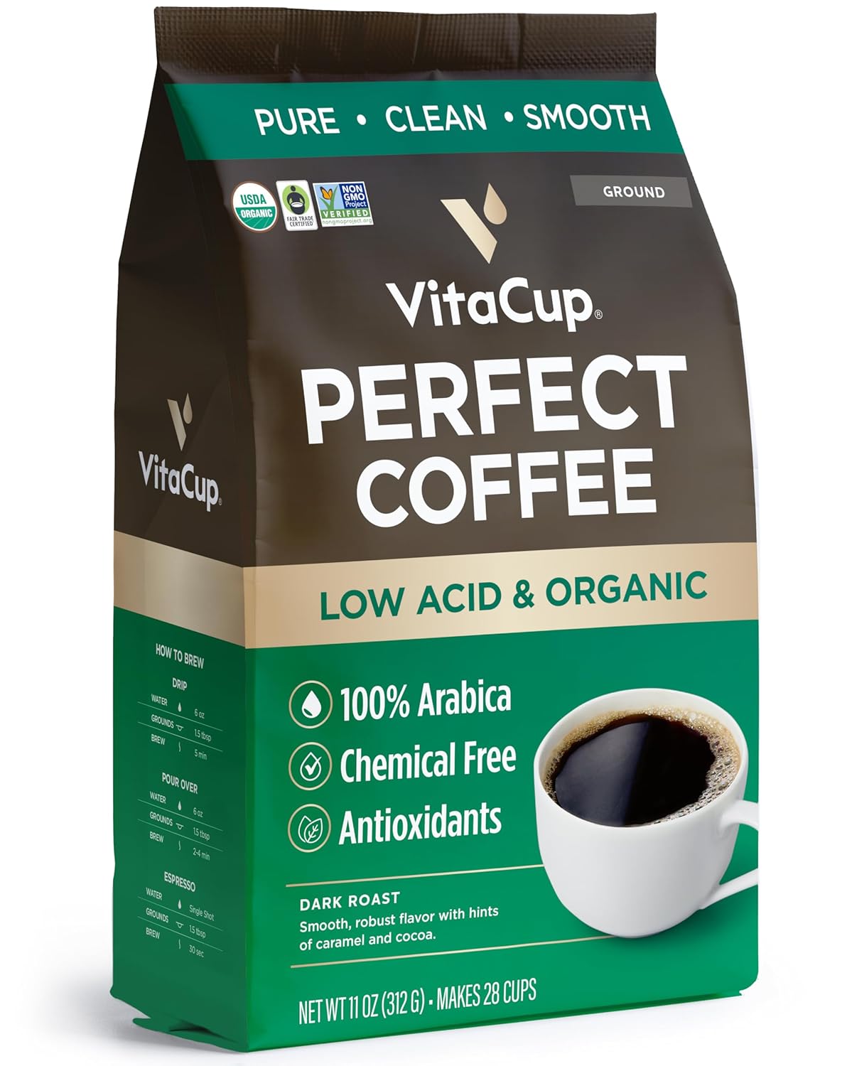 VitaCup Low Acid Dark Roast Coffee - USDA Organic & Mycotoxin Free, Guatemala Single Origin - 11oz