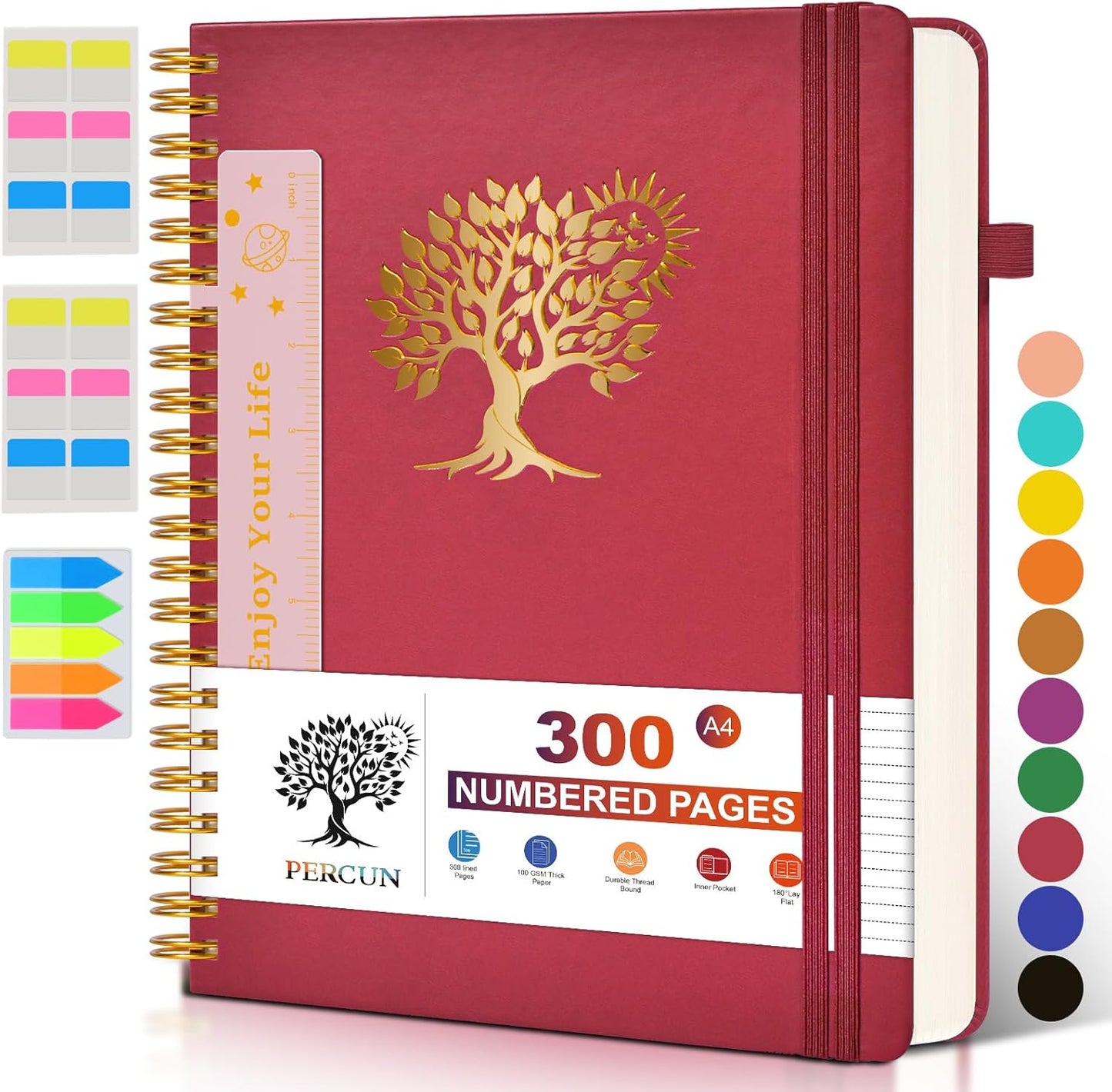 PERCUN Large Spiral Notebook - 300 Numbered Pages, A4 Hardcover, Ideal for School & Work, Leather Bound