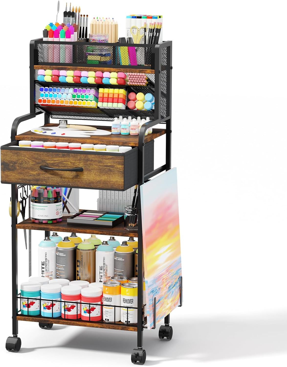 3 Tier Rolling Art Cart with Storage Drawer for Craft Organization