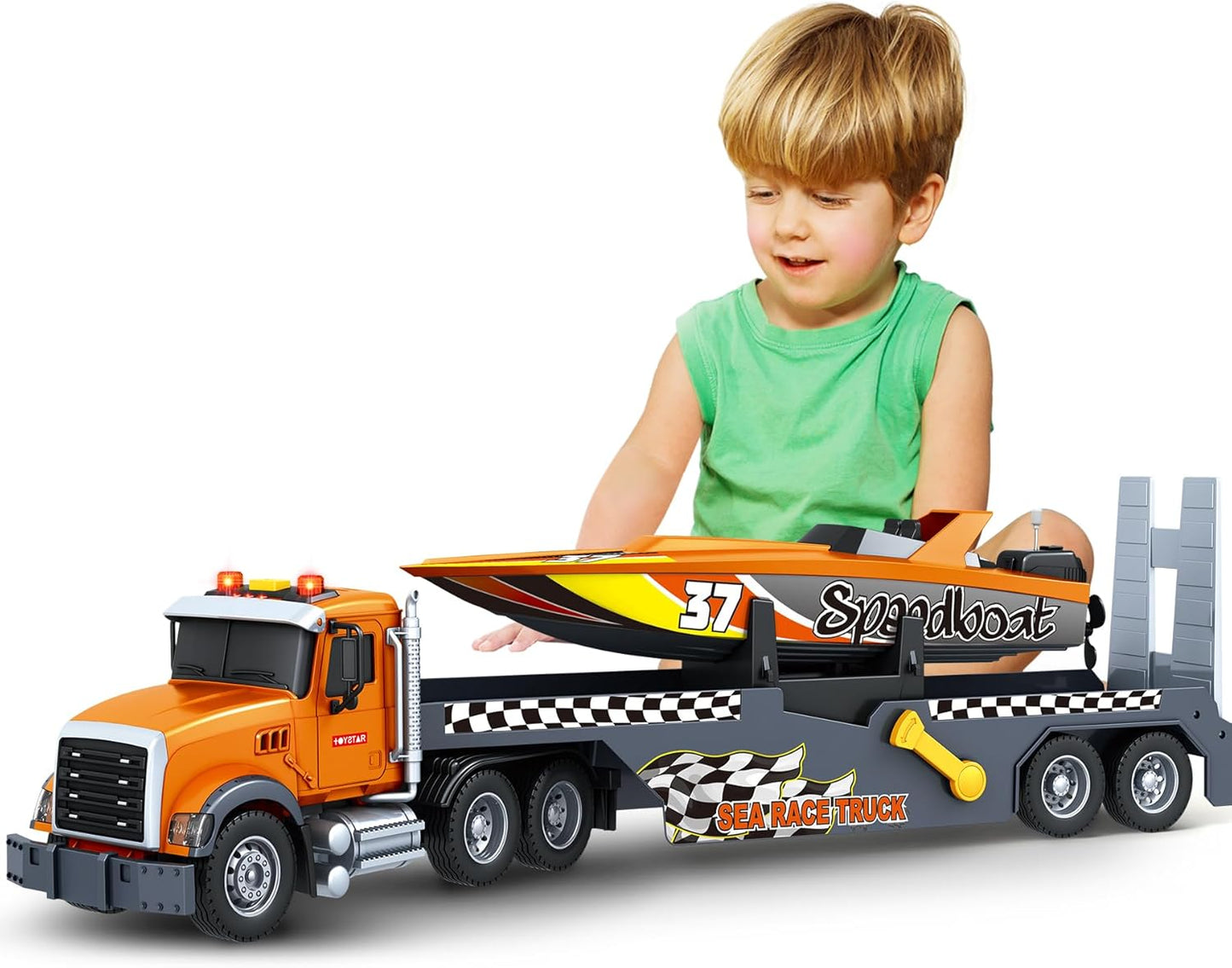 Toddler Boy Toys 21-Inch Semi Flatbed Truck with Sea Race Truck
