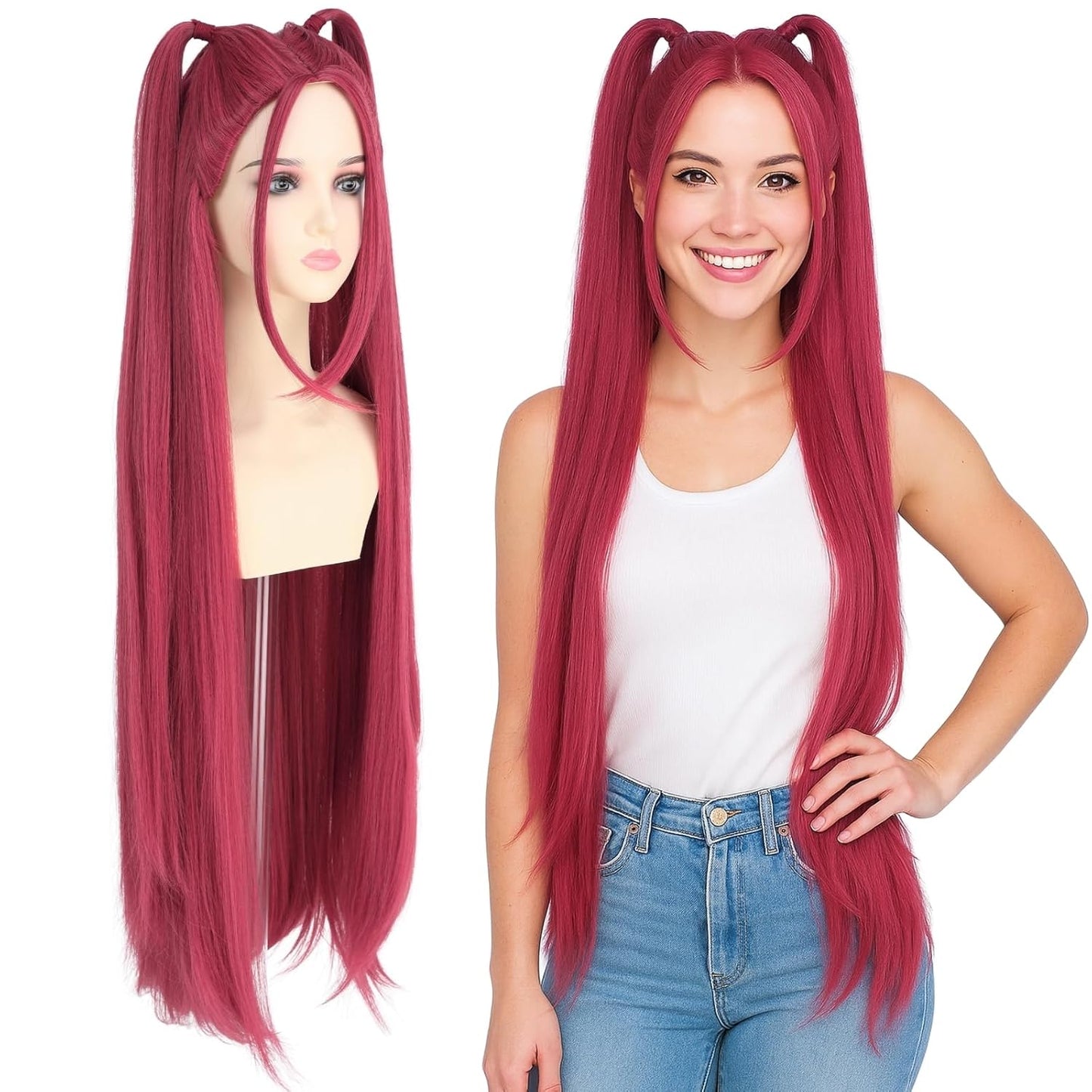 Long Red Wig with 2 Ponytails for Women - Perfect for Cosplay