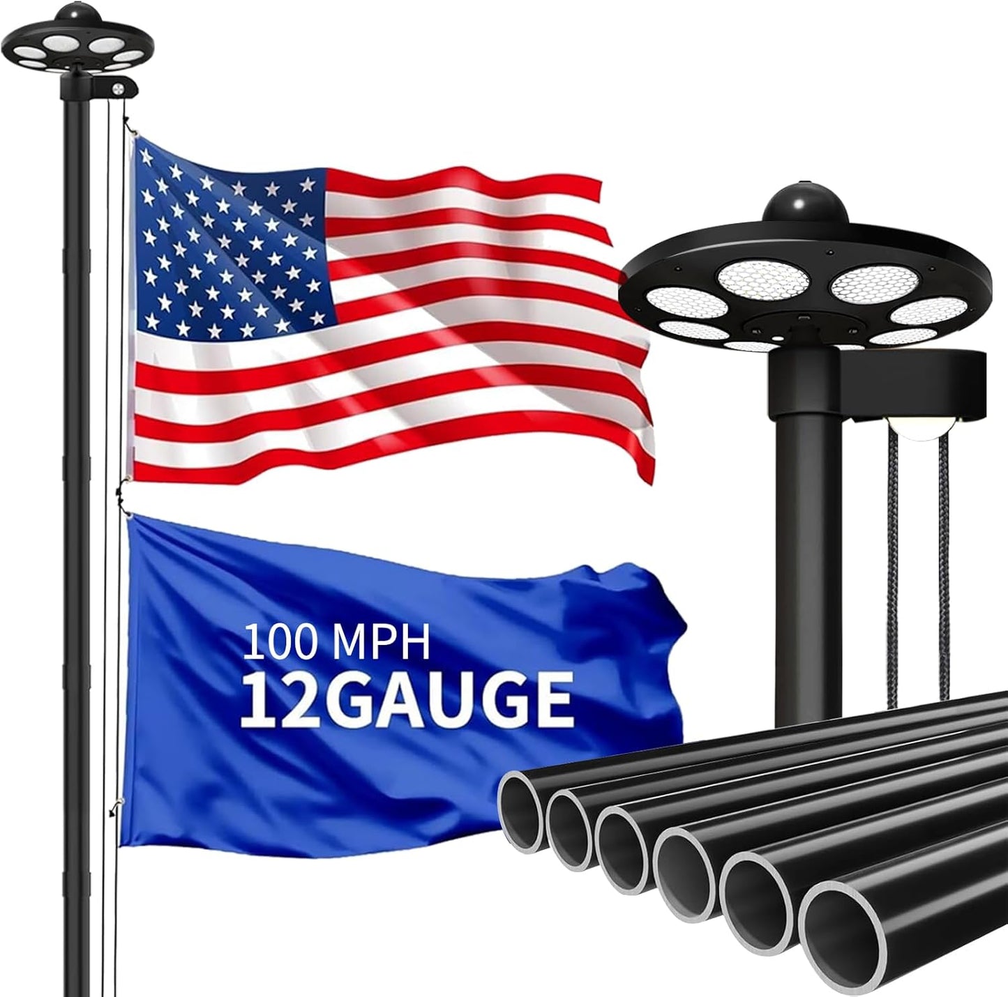 MXQMKL 25FT Heavy Duty Flagpole Kit with Solar Light for Outdoors